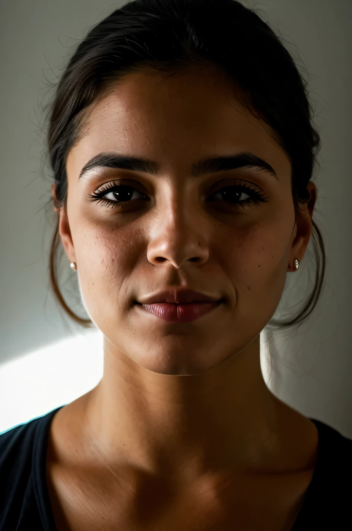 Foto CRU, foto de retrato de rosto de linda de 26 anos.ah mulher,  brasileira rosto fofo, rosto frontal , cara feliz, sombras duras, cinematic shot, dramatic lighting