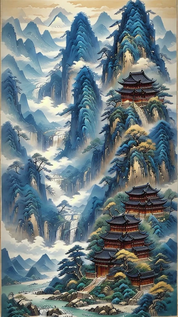 (masterpiece, best quality:1.2),A majestic landscape painting，Meticulous，Inspired by thousands of miles of rivers and mountains，Fuchun Mountain Residence Map，Expression techniques of cirrus clouds，flat illustration，traditional Chinese painting，Chinese landscape painting，ancient chinese architecture，cloud，vertical waterfall on cliff，Vibrant pine trees，fall，Takayama，Black：1.37，Mineral pigments，Ultramarine blue，Track gold，Clear outline，sketchy，Dry Lafa