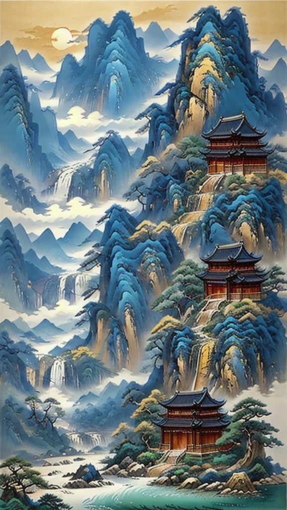 (masterpiece, best quality:1.2),A majestic landscape painting，Meticulous，Inspired by thousands of miles of rivers and mountains，Fuchun Mountain Residence Map，Expression techniques of cirrus clouds，flat illustration，traditional Chinese painting，Chinese landscape painting，ancient chinese architecture，cloud，vertical waterfall on cliff，Vibrant pine trees，fall，Takayama，Black：1.37，Mineral pigments，Ultramarine blue，Track gold，Clear outline，sketchy，Dry Lafa