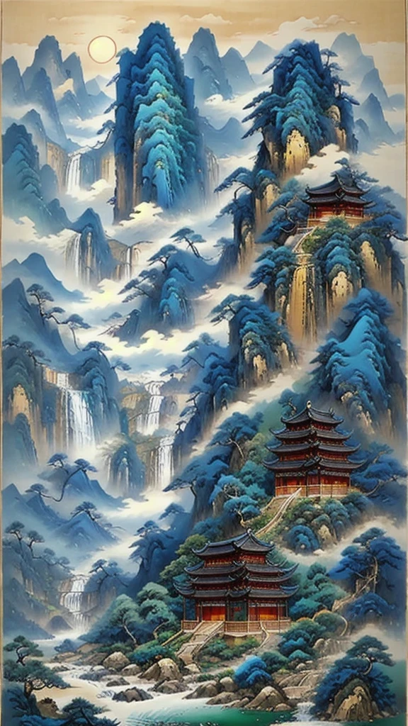 (masterpiece, best quality:1.2),A majestic landscape painting，Meticulous，Inspired by thousands of miles of rivers and mountains，Fuchun Mountain Residence Map，Expression techniques of cirrus clouds，flat illustration，traditional Chinese painting，Chinese landscape painting，ancient chinese architecture，cloud，vertical waterfall on cliff，Vibrant pine trees，fall，Takayama，Black：1.37，Mineral pigments，Ultramarine blue，Track gold，Clear outline，sketchy，Dry Lafa