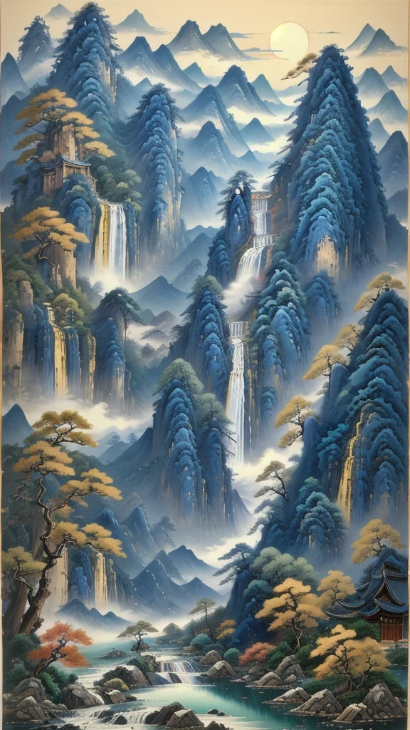 (masterpiece, best quality:1.2),A majestic landscape painting，Meticulous，Inspired by thousands of miles of rivers and mountains，Fuchun Mountain Residence Map，Expression techniques of cirrus clouds，flat illustration，traditional Chinese painting，Chinese landscape painting，ancient chinese architecture，cloud，vertical waterfall on cliff，Vibrant pine trees，fall，Takayama，Black：1.37，Mineral pigments，Ultramarine blue，Track gold，Clear outline，sketchy，Dry Lafa