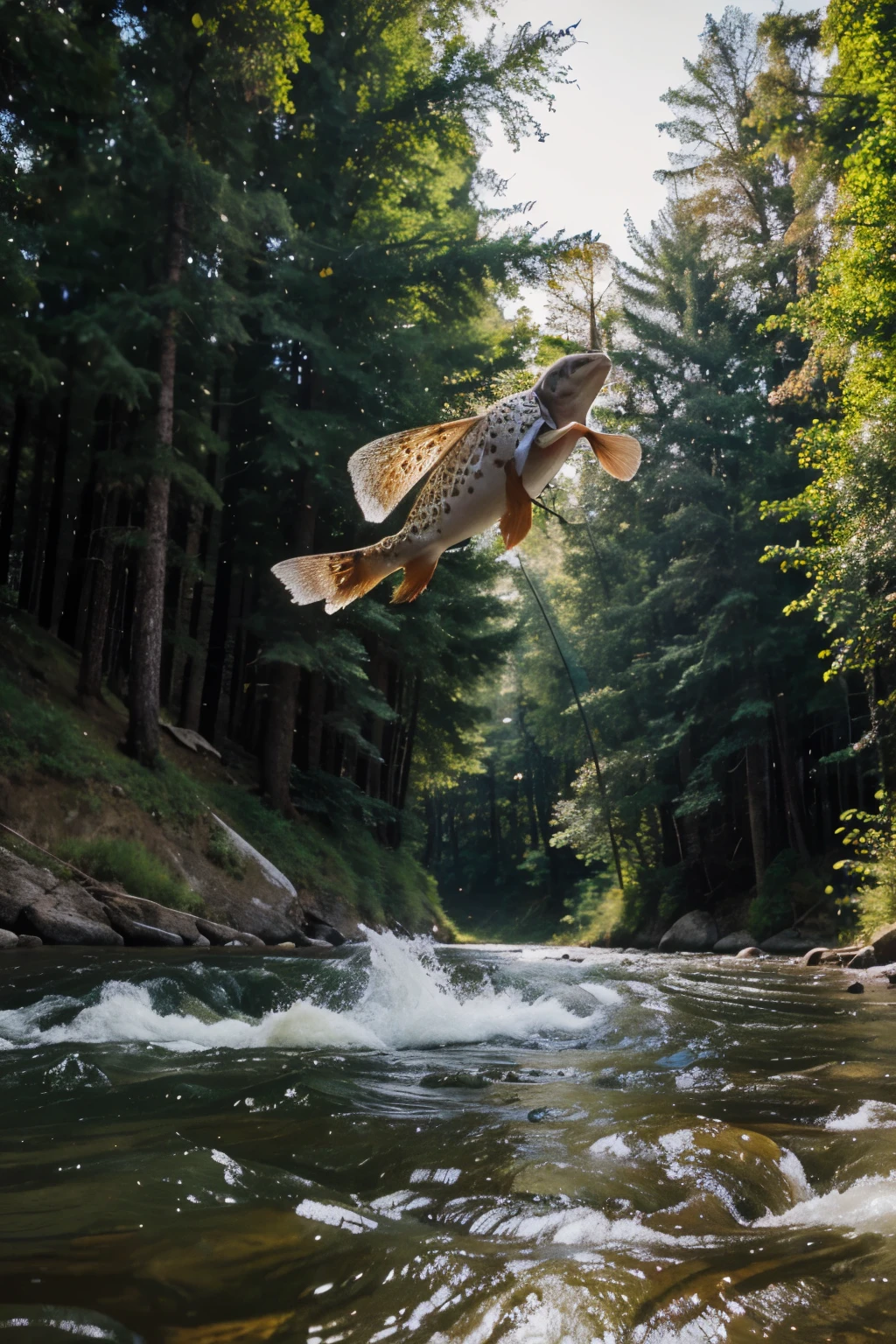 Create a graphical logo featuring a stylized brown trout leaping from a river, with its mouth open in anticipation of catching a caddis fly. The trout should be depicted in a dynamic, abstract style, conveying motion and energy, while the caddis fly should be represented as a simplified, geometric shape. The logo should use bold lines and colors to create a visually appealing and memorable design