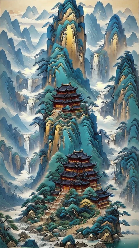 (masterpiece, best quality:1.2),A majestic landscape painting，Meticulous，Inspired by thousands of miles of rivers and mountains，Fuchun Mountain Residence Map，Expression techniques of cirrus clouds，flat illustration，traditional Chinese painting，Chinese landscape painting，ancient chinese architecture，cloud，vertical waterfall on cliff，Vibrant pine trees，fall，Takayama，Black：1.37，Mineral pigments，Ultramarine blue，Track gold，Clear outline，sketchy，Dry Lafa