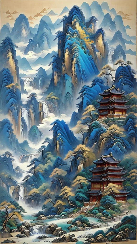 (masterpiece, best quality:1.2),A majestic landscape painting，Meticulous，Inspired by thousands of miles of rivers and mountains，Fuchun Mountain Residence Map，Expression techniques of cirrus clouds，flat illustration，traditional Chinese painting，Chinese landscape painting，ancient chinese architecture，cloud，vertical waterfall on cliff，Vibrant pine trees，fall，Takayama，Black：1.37，Mineral pigments，Ultramarine blue，Track gold，Clear outline，sketchy，Dry Lafa