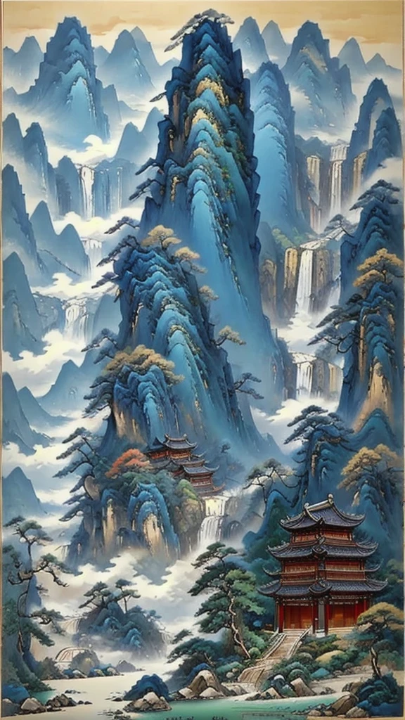 (masterpiece, best quality:1.2),A majestic landscape painting，Meticulous，Inspired by thousands of miles of rivers and mountains，Fuchun Mountain Residence Map，Expression techniques of cirrus clouds，flat illustration，traditional Chinese painting，Chinese landscape painting，ancient chinese architecture，cloud，vertical waterfall on cliff，Vibrant pine trees，fall，Takayama，Black：1.37，Mineral pigments，Ultramarine blue，Track gold，Clear outline，sketchy，Dry Lafa