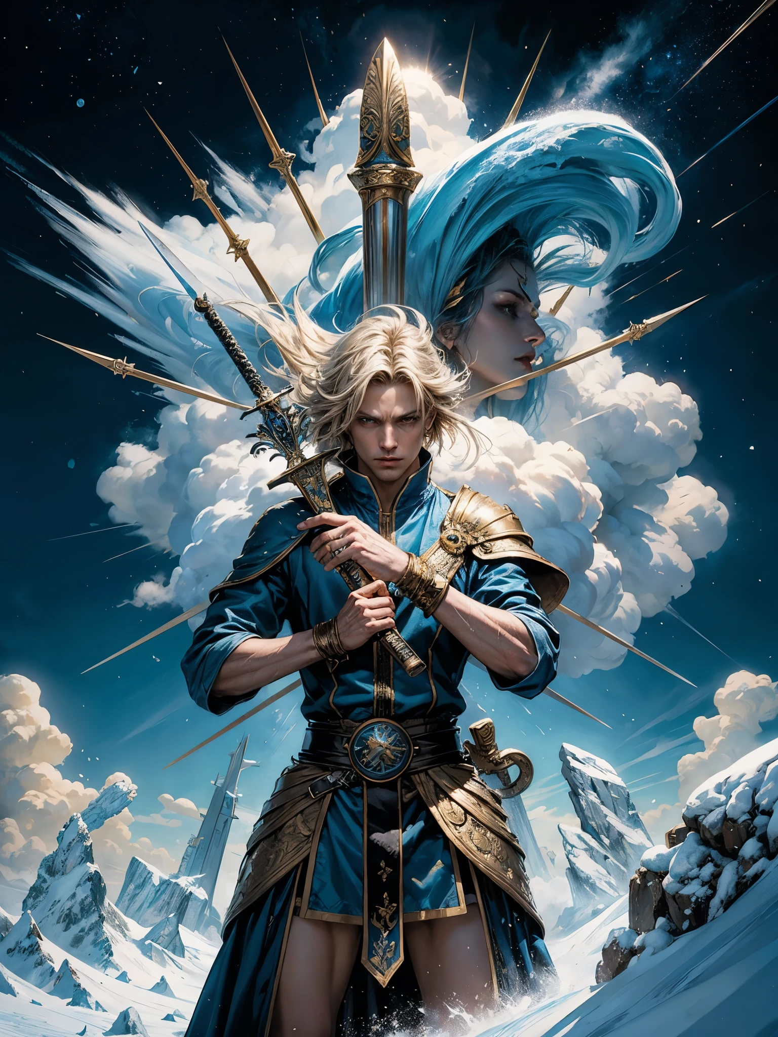The Ace of Swords Tarot card depicts a hand with a sword, surrounded by an avalanche of clouds, stylized in blue and gold colors, full hd, hyper realistic, realistic style, the best quality