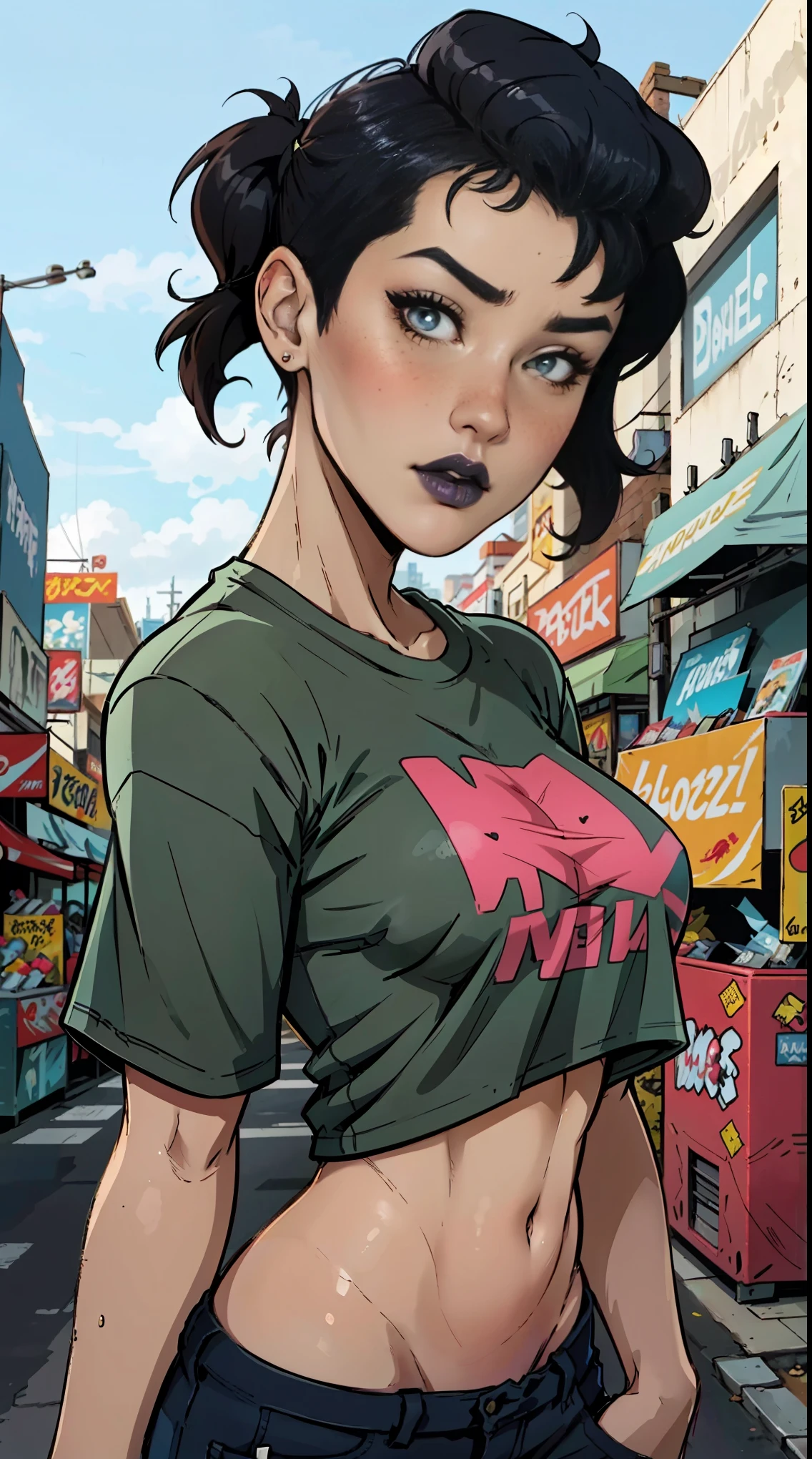 Close up of an supermodel woman face, at a busy cluttered city street background, daytime, pale blue eyes, detailed short pink hair with pigtails and shaved sides haircut, freckles, blushing, pouting expression, single eyebrow raised, eye shadow, black lipstick, pierced eyebrow, huge tits, wearing a loose baggy tshirt crop top, looking to the side, comic book style, flat shaded, prominent comic book outline linework