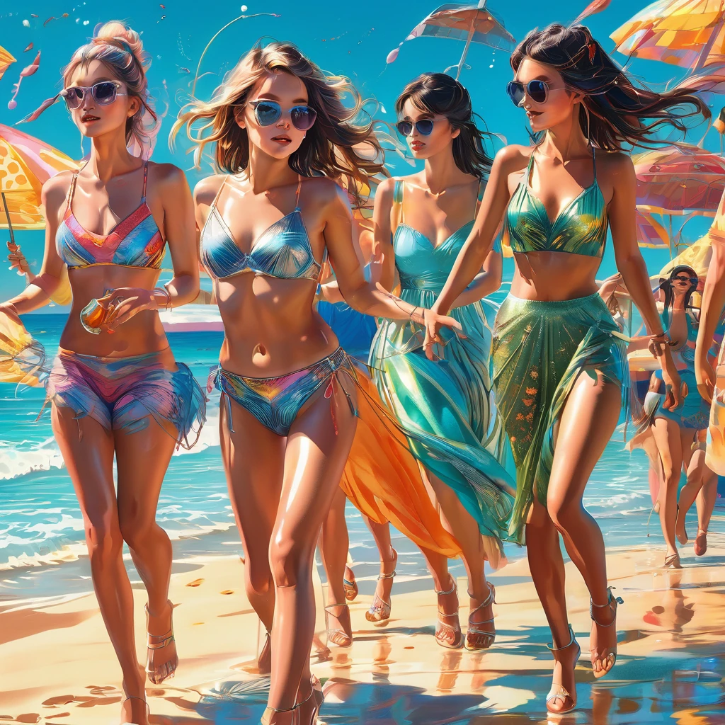 beach parties, aesthetic, extremely detailed, Exquisite, lively, Illustration, mid shot, Beach , joyful, dancing, sandy beach, clear blue sky, sparkling ocean, warm sunlight, dynamic lighting, bright colors, oil painting, watercolors, ink, vivid, contrast, retro-futuristic, Lo-Fi, dreamcore, Fujifilm, cinematic, Olivia Harrison, Brian Bolland, Jae Lee, (best quality, 4k, 8k, highres, masterpiece:1.2), ultra-detailed, (realistic, photorealistic, photo-realistic:1.37), HDR, UHD, studio lighting, extreme detail description, professional, vivid colors, bokeh, beach, portraits, landscape
