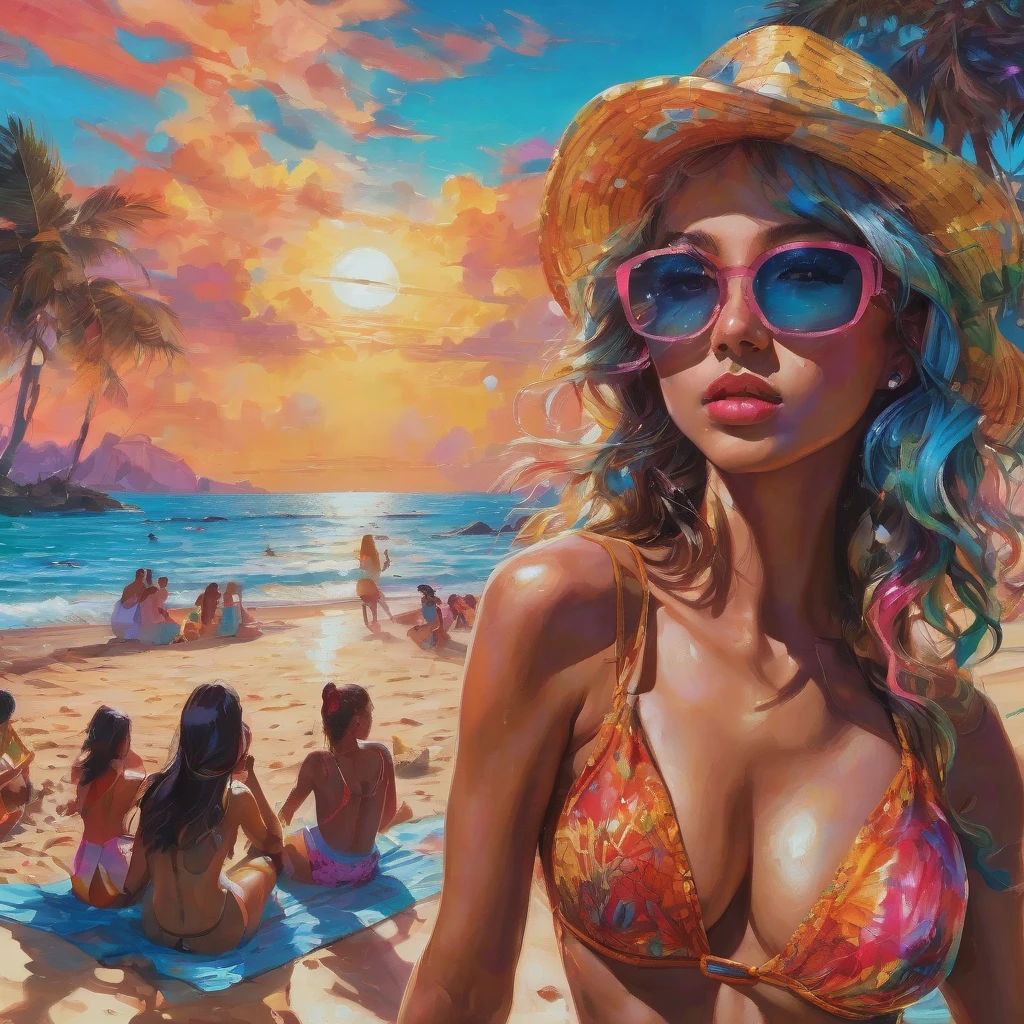 beach parties, aesthetic, extremely detailed, Exquisite, lively, Illustration, mid shot, Beach , joyful, dancing, sandy beach, clear blue sky, sparkling ocean, warm sunlight, dynamic lighting, bright colors, oil painting, watercolors, ink, vivid, contrast, retro-futuristic, Lo-Fi, dreamcore, Fujifilm, cinematic, Olivia Harrison, Brian Bolland, Jae Lee, (best quality, 4k, 8k, highres, masterpiece:1.2), ultra-detailed, (realistic, photorealistic, photo-realistic:1.37), HDR, UHD, studio lighting, extreme detail description, professional, vivid colors, bokeh, beach, portraits, landscape