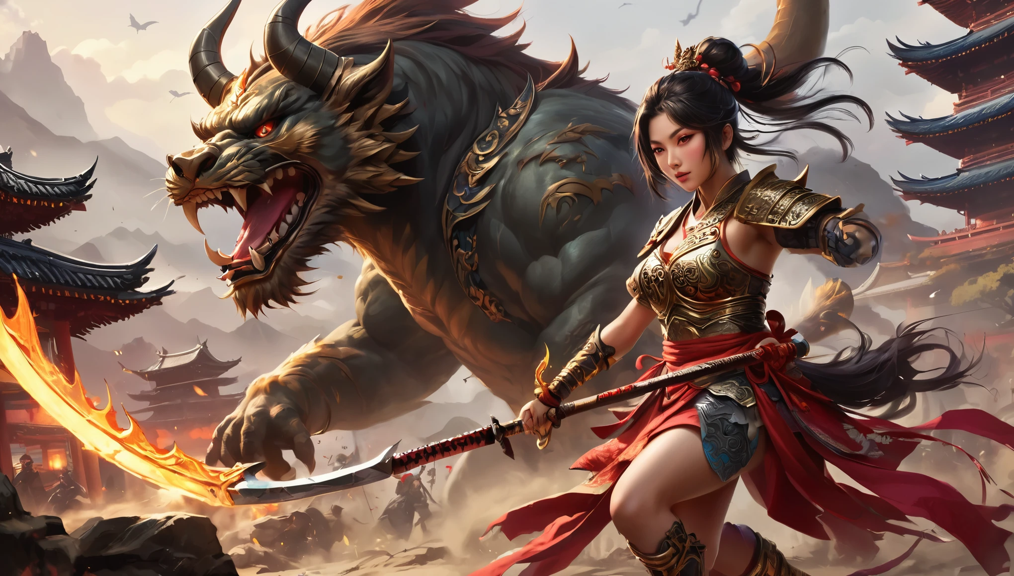 (best quality),  detailed background, oriental nobless,warrior girl,combat arts,holding halberd,oni, monster army