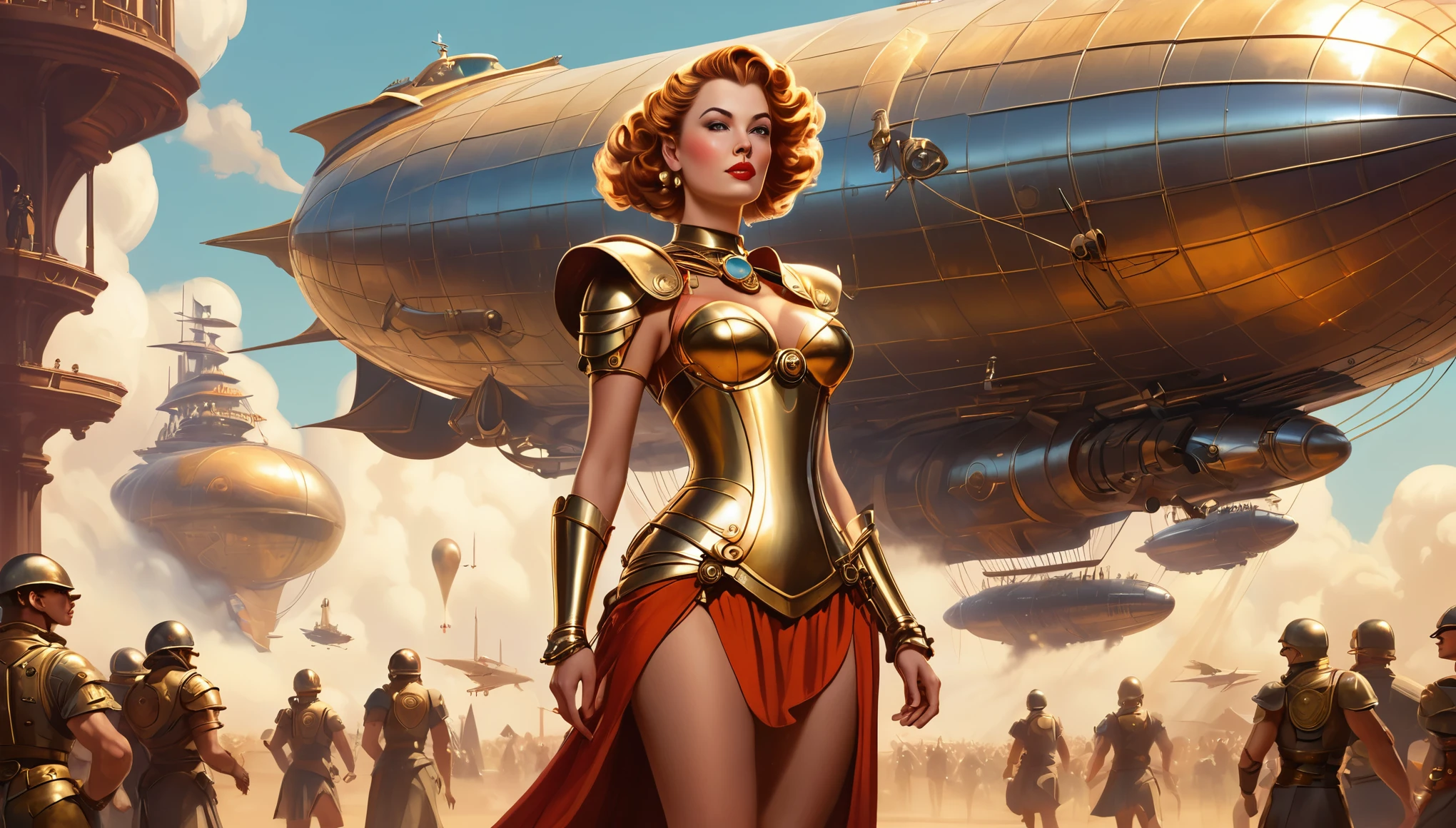 there is a woman standing in front of a giant robot, larry macdougall, gilded lotus princess, cinemascope panorama, berkey, an ultrafine detailed painting, steve oliff, protagonist in foreground, mark simonetti, barbarella, matriarchy, orange hue, 2070s --auto --s2