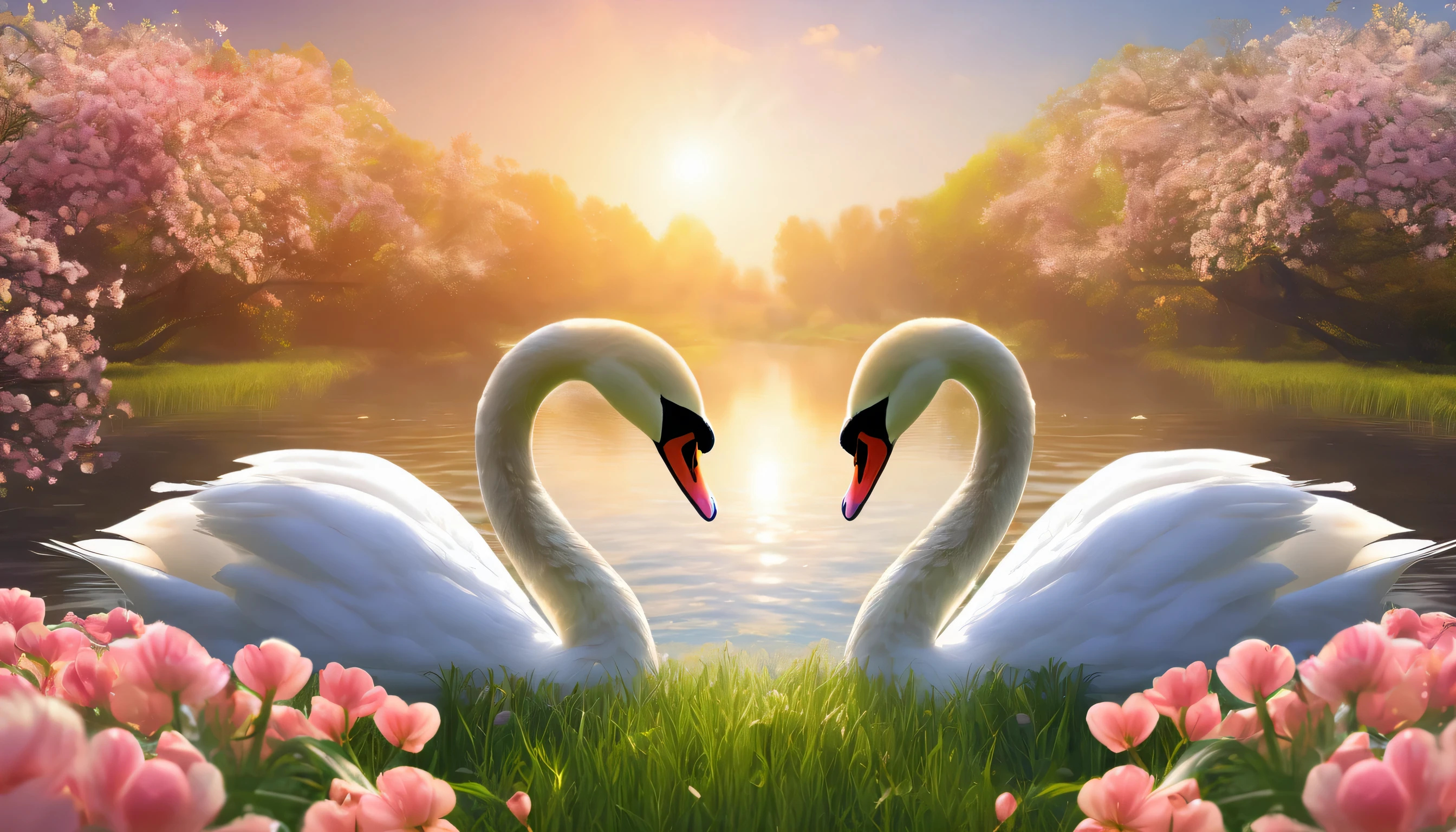 (a couple of swans making a heart shape,beautiful swan,stylized swan,romantic scene,heart shape,morning daylight,(best quality,4k,8k,highres,masterpiece:1.2),spring scenery,blossoming flowers,vibrant colors,serene atmosphere)