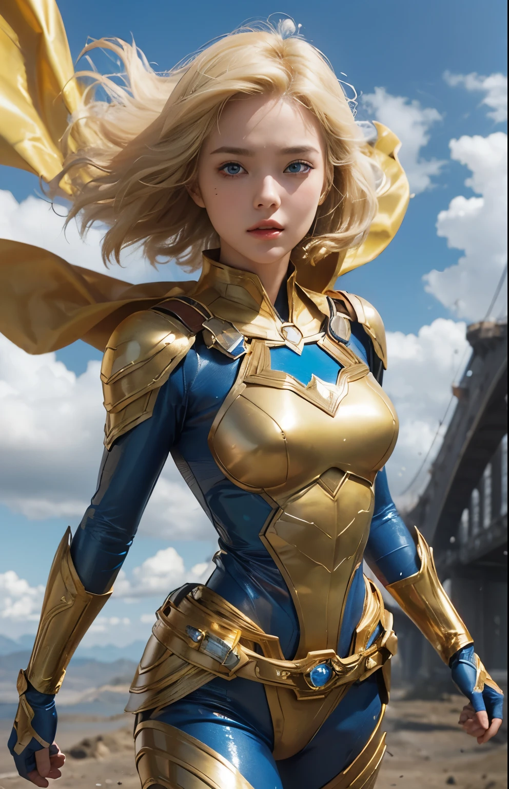 A blonde, blue-eyed woman is flying through the sky like Superman. The woman is wearing a golden metallic battle uniform. Around his waist is something reminiscent of Kamen Rider's transformation belt. Beautiful double eyes. The bridge of my nose. Well-shaped lips. Twenty years old.A desolate wasteland, similar to Mars, spreads out beneath our feet.