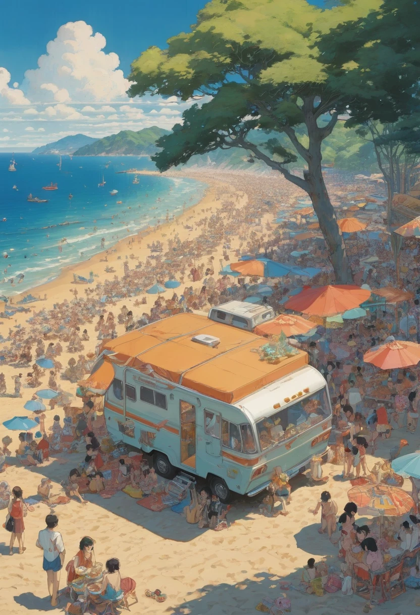 beach Summer festival, festival atmosphere, A RV selling food, anime realism, by Satoshi Kon, best quality, masterpiece, 8k, Representative work, official art, Professional, Ultra intricate detailed