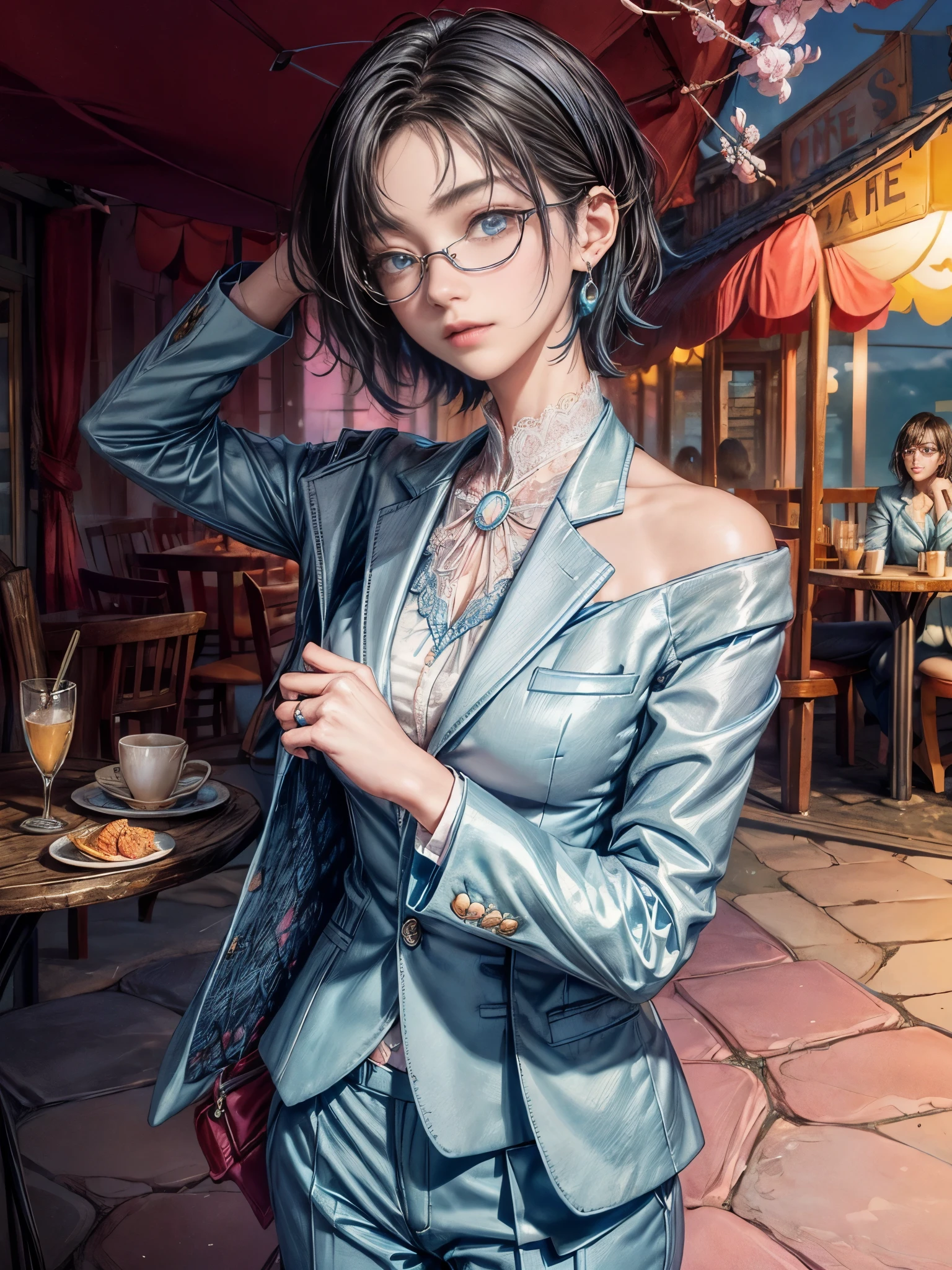 cinematic lighting、highest quality,cyberpunk world、1 female、(25 year old beautiful woman、short hair、black hair、shoulder length hair、blue eyes:1.4)smile、break,short hair、(Glasses:1.5)BREAK.Perfect with pastel colors 🩷🩵 BREAK
(Powder blue blazer:1.4) (Lace inner layer on shoulders)paired with (Powder blue slim trousers:1.2) and (soft pink loafers). Accessorized with (a lilac silk scarf), (opal stud earrings:1.1), and (a rose quartz ring).
BREAK.(Overseas seaside cafe full of emotion:1.3)