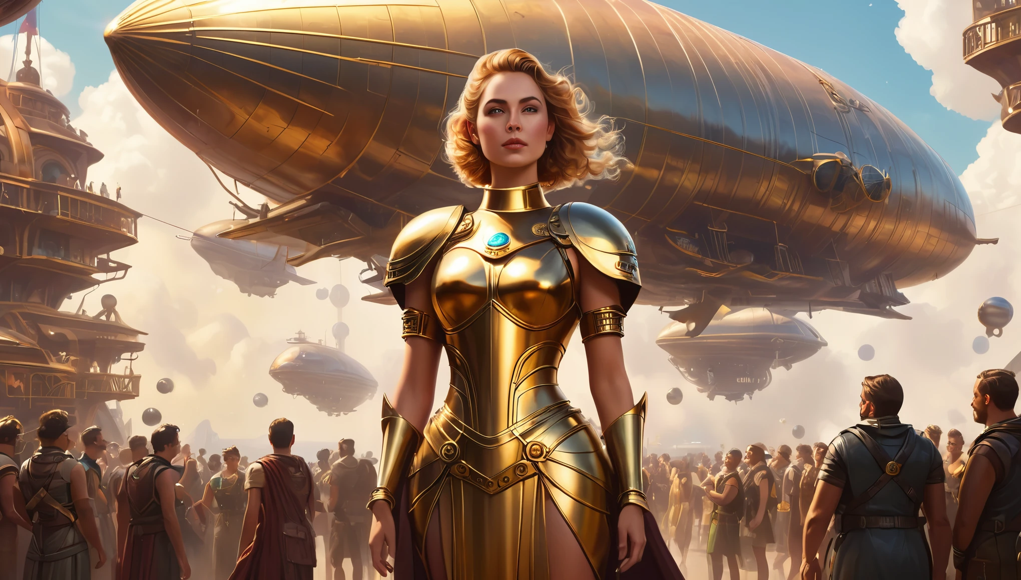 Realistic, there is a woman in a futuristic dress standing in front of a bunch of people, large dieselpunk flying airships, dribbble, fantasy paladin woman,  [ bubbles, portrait of helen of troy, sci - fi : :, golden armour  