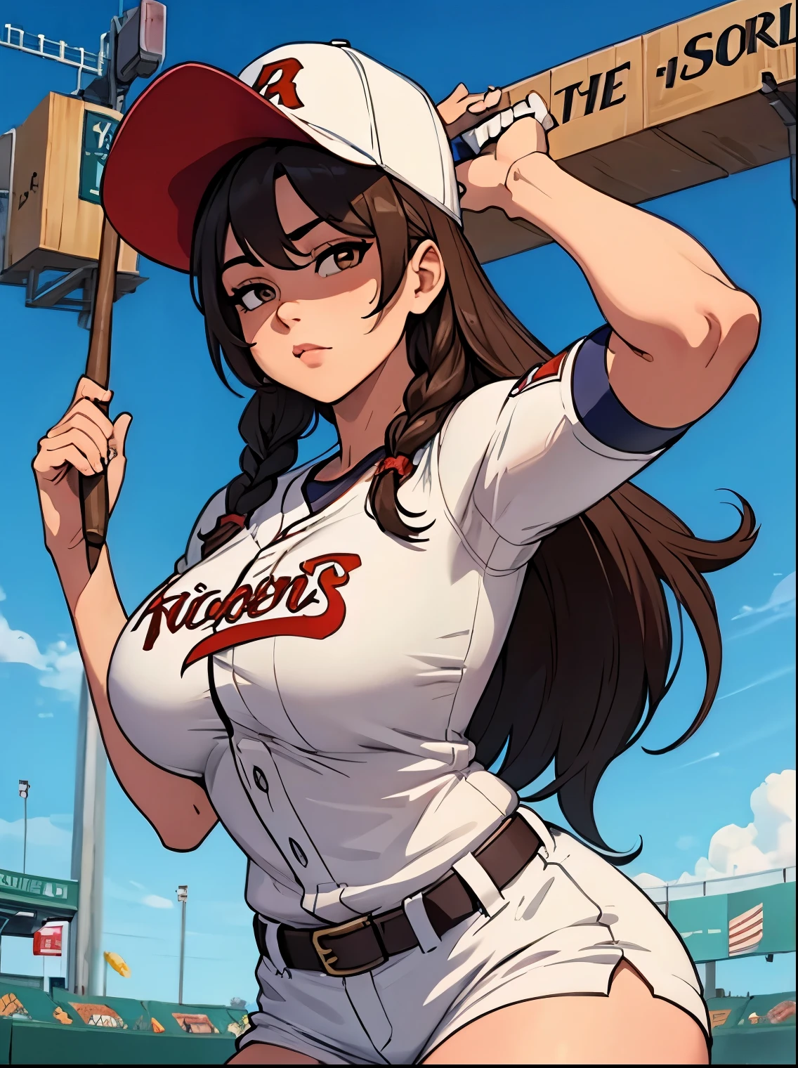 Yuri from king of figthers video game , long braid, brown iris eyes Very big tits totally naked, wearing baseball uniform