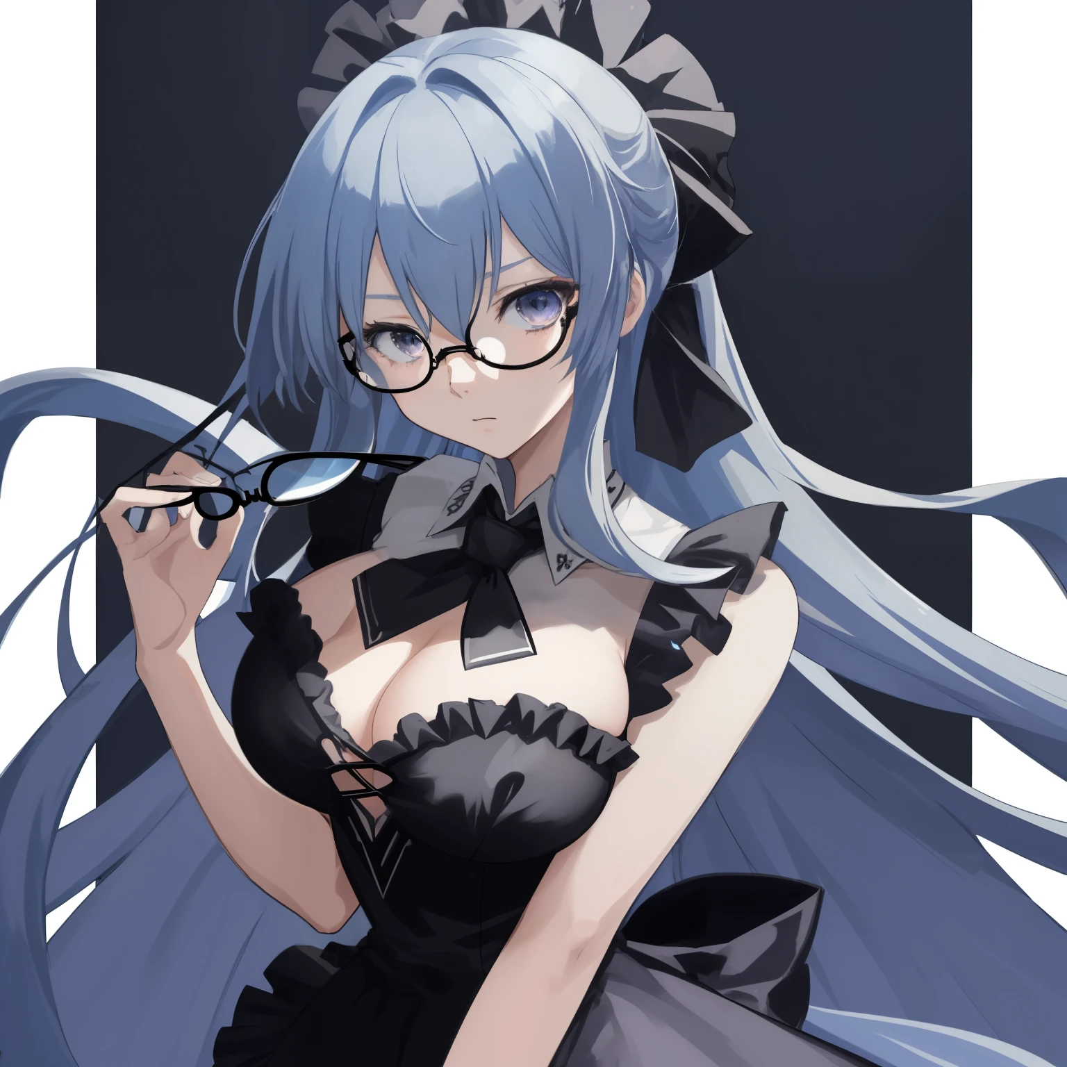 1girl, anime, white_eyes, sky_blue_long_hair, asymmetrical_bangs, standing, looking at the viewer, big_breasts, black_glasses, frilly_white_dress, loose_black_necktie