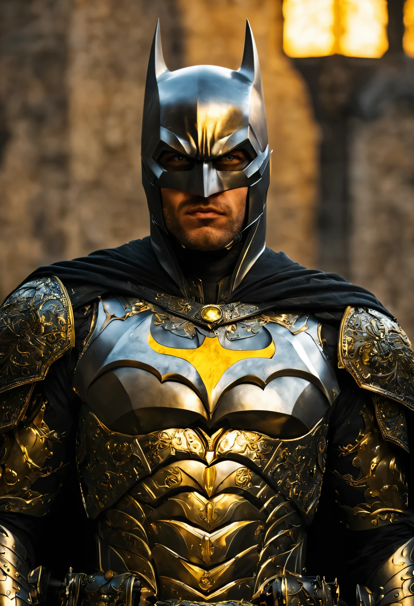 Batman with green pupils, confident expression, wearing beautiful silver armor with golden patterns all over the armor, exuding a dark yellow glow, In the background, a medieval castle