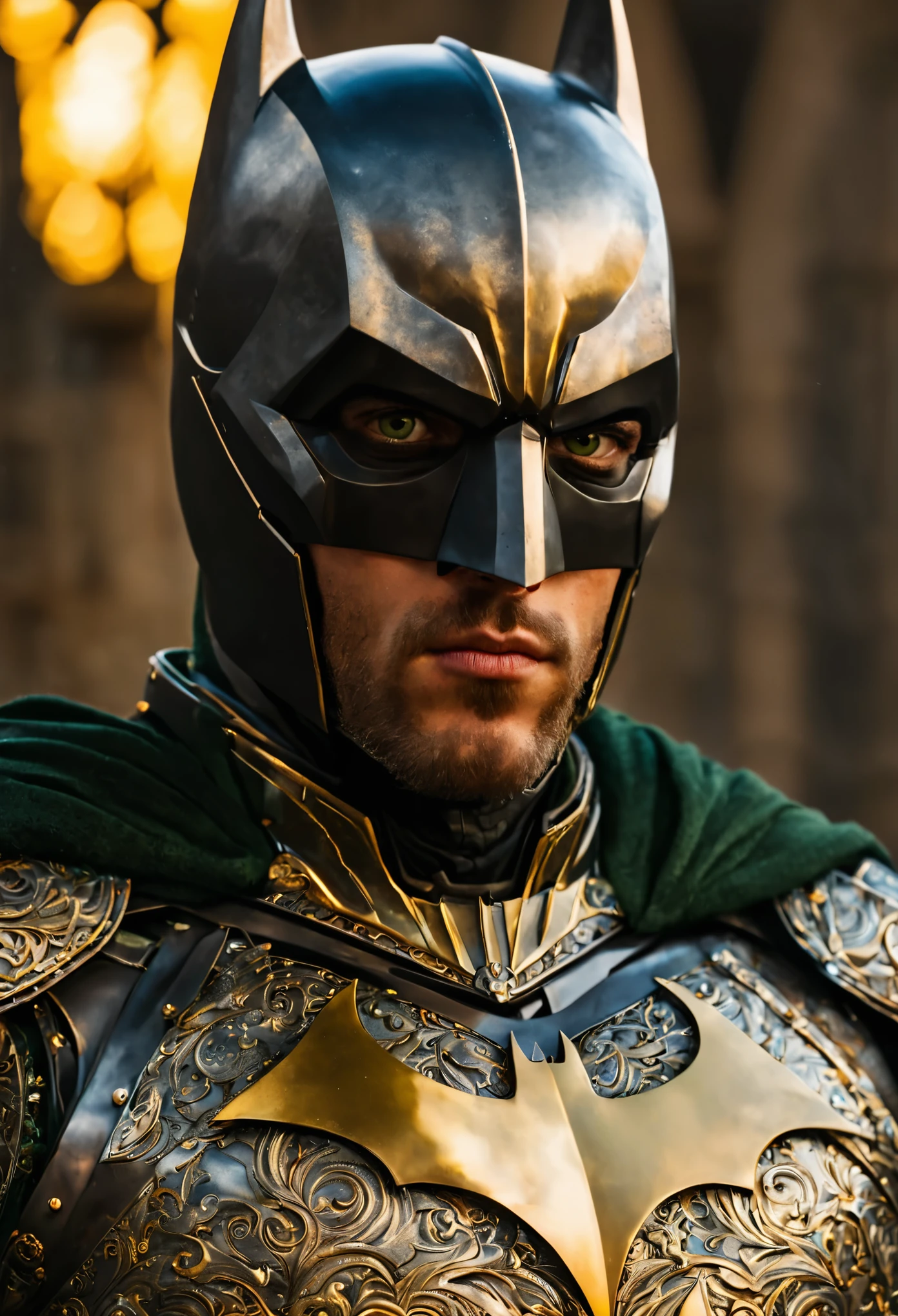 Batman with green pupils, confident expression, wearing beautiful silver armor with golden patterns all over the armor, exuding a dark yellow glow, In the background, a medieval castle