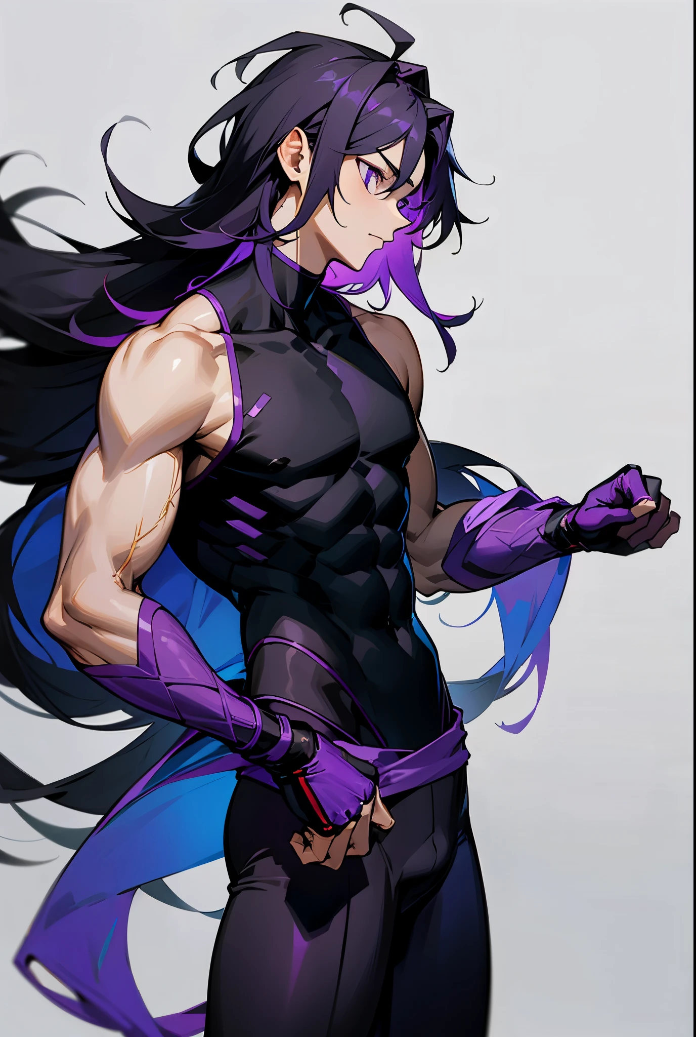 1male, long messy hair, purple eyes, black compression shirt, purple arm braces, baggy black and purple pants, standard white background, expressionless, standing on path