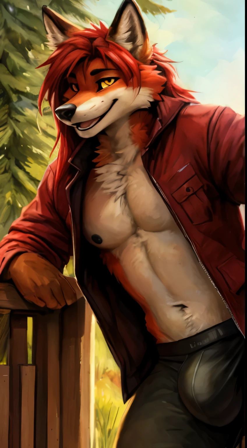 ((masterpiece, best quality)), (anthro furry:1.3, snout:1.2, anthro:1.3, furry:1.2, closeup:1.2, solo male:1.2, neckline, leaning forward, smile, red, sexy face, opened mouth:1.2, very muscular:1.2, biceps, pectoral muscle:1.5, bulge), red jacket, leggings, full body, Long hair, red hair, fox, yellow eyes, by Zackary911, Kenket, Kilinah, Zackary911, black nipples