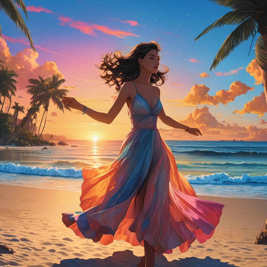beach parties, aesthetic, extremely detailed, Exquisite, lively, Illustration, mid shot, Beach , joyful, dancing, sandy beach, clear blue sky, sparkling ocean, warm sunlight, dynamic lighting, bright colors, oil painting, watercolors, ink, vivid, contrast, retro-futuristic, Lo-Fi, dreamcore, Fujifilm, cinematic, Olivia Harrison, Brian Bolland, Jae Lee, (best quality, 4k, 8k, highres, masterpiece:1.2), ultra-detailed, (realistic, photorealistic, photo-realistic:1.37), HDR, UHD, studio lighting, extreme detail description, professional, vivid colors, bokeh, beach, portraits, landscape