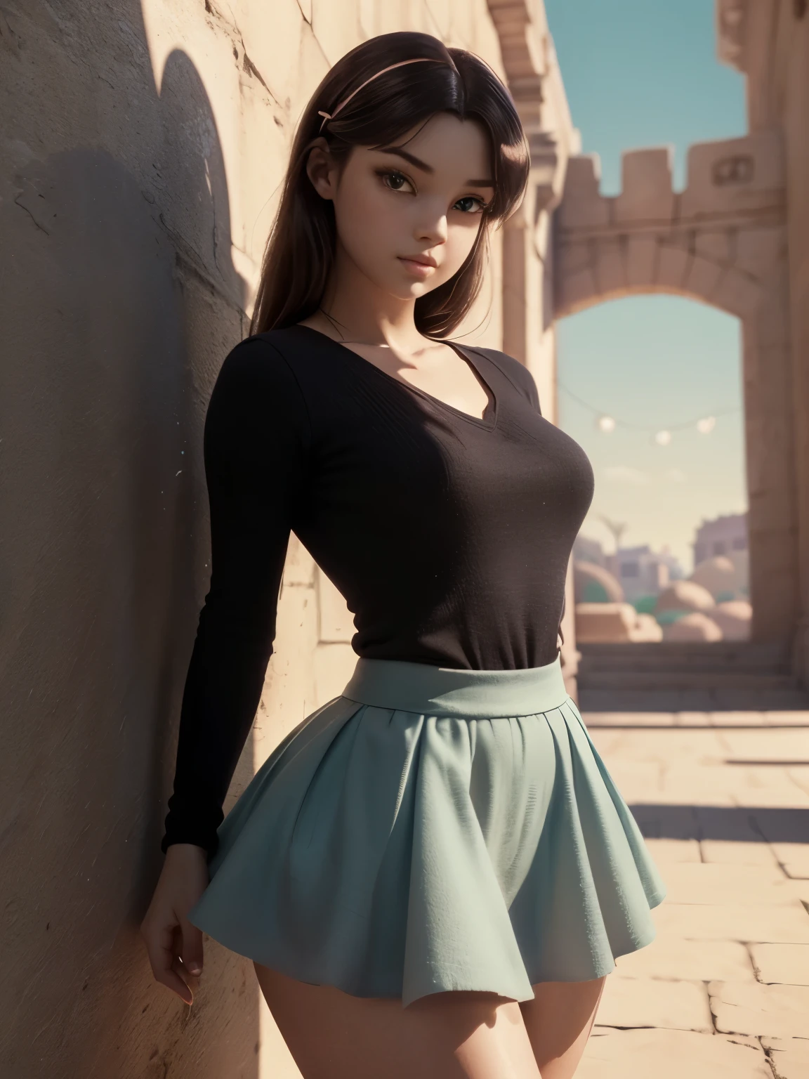 (masterpiece, best quality, ultra-detailed, best shadow), (detailed background, pastel fantasy), (beautiful detailed face), high contrast, (best illumination, an extremely delicate and beautiful), cinematic lighting, a pretty girl, perfect body, big thighs, miniskirt, clay like artstyle, kawaii style, pixar style, dynamic pose, dreamlike aesthetic