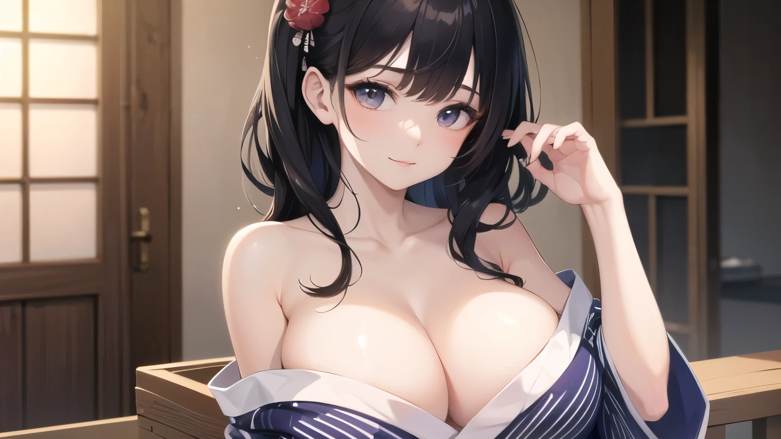 (((masterpiece, best quality))), (((superior quality))), cute girl, ((extremely detailed girl)), (huge breasts), (yukata), (bare shoulders), strapless top, slight smile