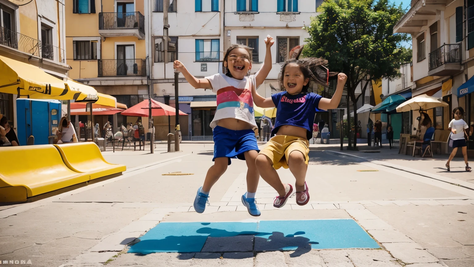 Children having fun in a sunny square, correndo e rindo enquanto jogam bola, swing on the slide and play tag, details of colorful clothes and happy expressions, Fotografia, lente de grande angular (24mm), capturing the dynamics of the scene