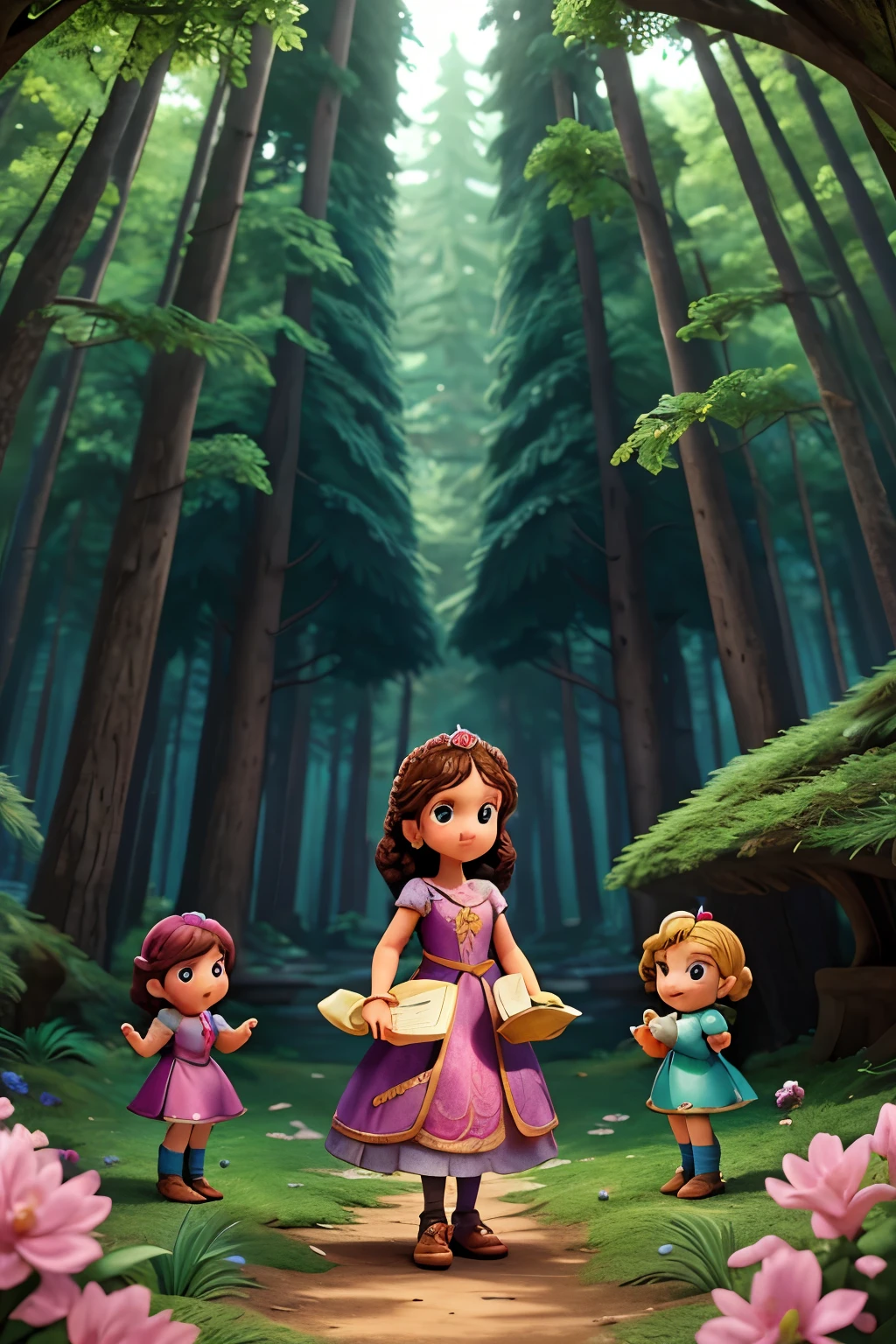 As princesinhas, now with a mission, begin the journey through the Enchanted Forest in search of Enchanted Crystals. A imagem deve mostrar o grupo de princesas caminhando, each with their own determination, e os contornos dos Cristais brilhando ao longe, Daniela Mende keeps her pink dress, holding a magic map in his hands.
