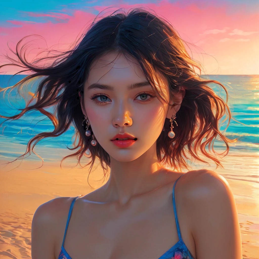 beach parties, aesthetic, extremely detailed, Exquisite, lively, Illustration, mid shot, Beach , joyful, dancing, sandy beach, clear blue sky, sparkling ocean, warm sunlight, dynamic lighting, bright colors, oil painting, watercolors, ink, vivid, contrast, retro-futuristic, Lo-Fi, dreamcore, Fujifilm, cinematic, Olivia Harrison, Brian Bolland, Jae Lee, (best quality, 4k, 8k, highres, masterpiece:1.2), ultra-detailed, (realistic, photorealistic, photo-realistic:1.37), HDR, UHD, studio lighting, extreme detail description, professional, vivid colors, bokeh, beach, portraits, landscape