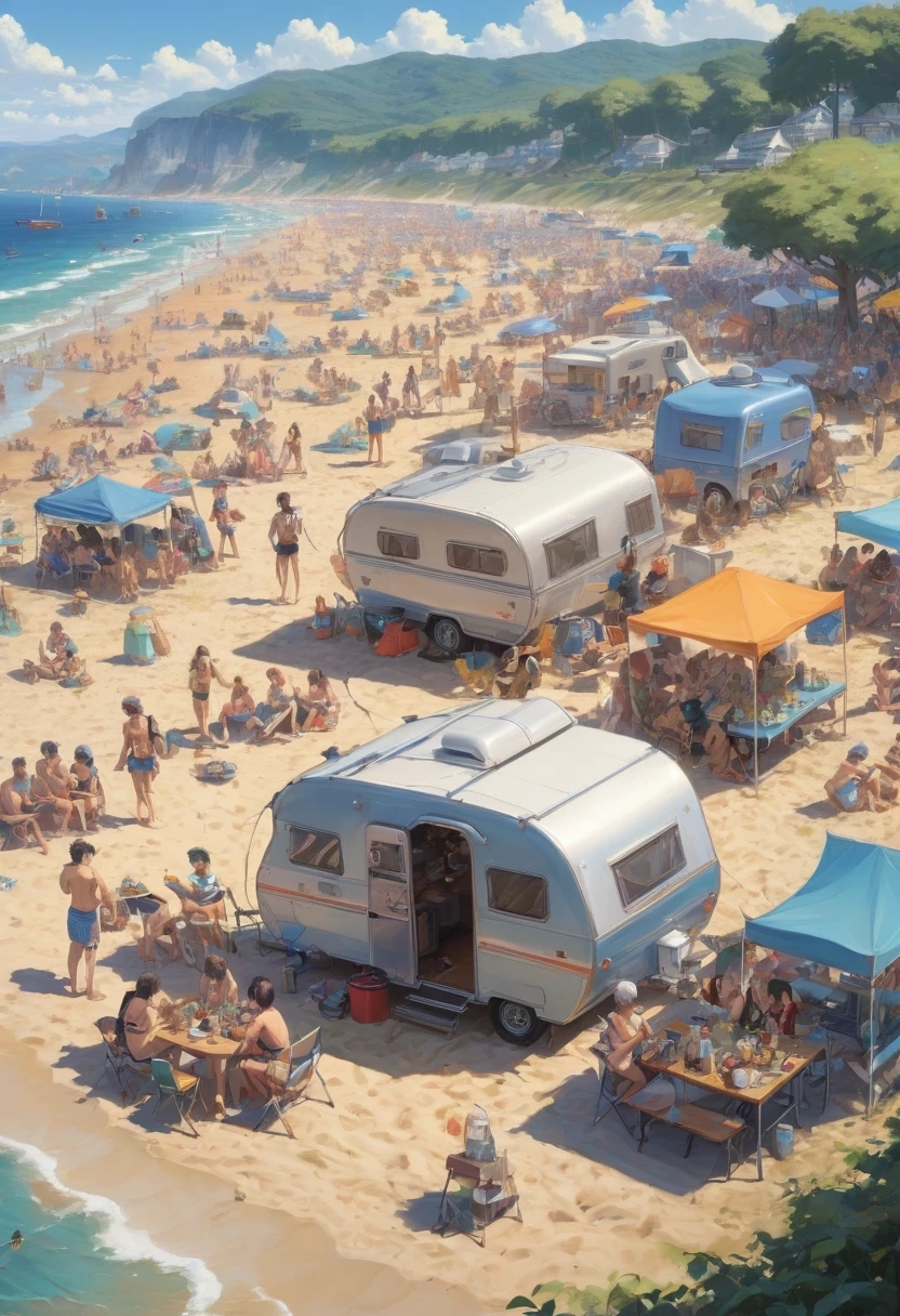 beach Summer festival, festival atmospher, camping, RV, barbecue, anime realism, best quality, masterpiece, 8k, Representative work, official art, Professional, Ultra intricate detailed