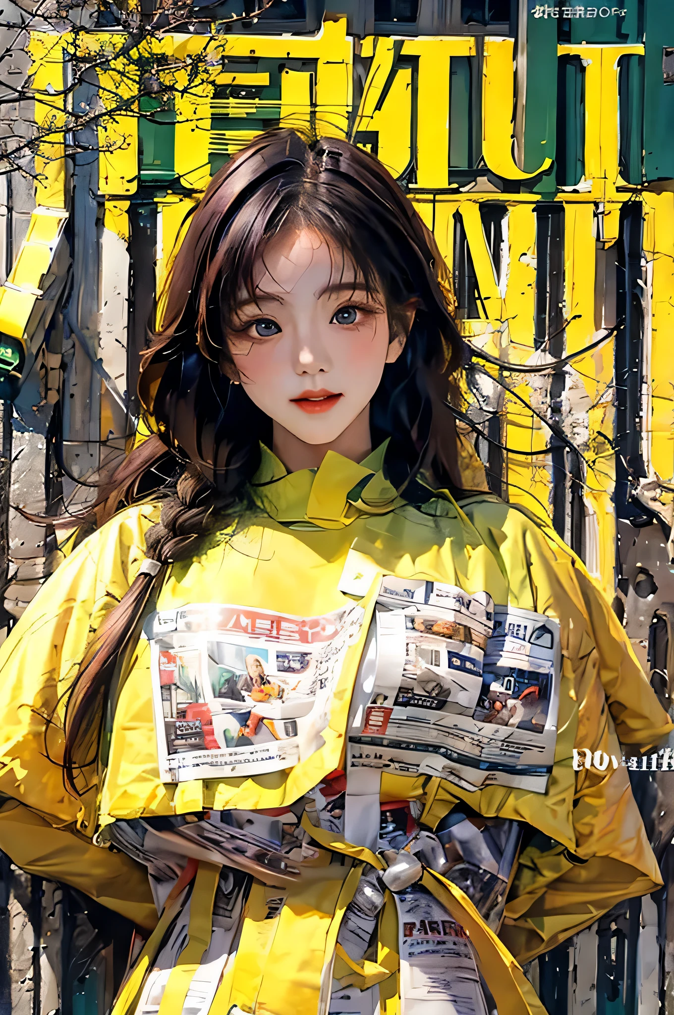 masterpiece, best quality, spring outfit, colorful hair, outdoor, magazine cover ,upper body,