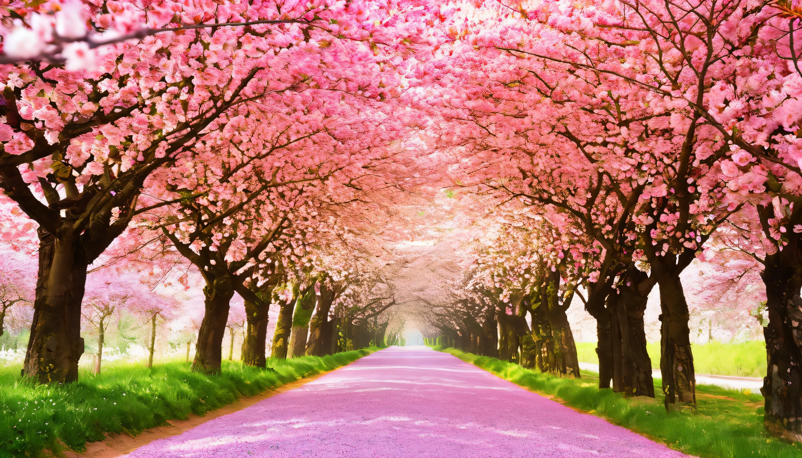 there is a road lined with pink trees and flowers, blossoming path to heaven, cherry blossom trees, cherry blossom forest, pink trees, cherry trees, pink landscape, sakura trees, really beautiful nature, cherry blosom trees, pink forest, very beautiful photo, beautiful trees, dreamy colors, breath-taking beautiful trees, breath - taking beautiful trees, beatiful backgrounds