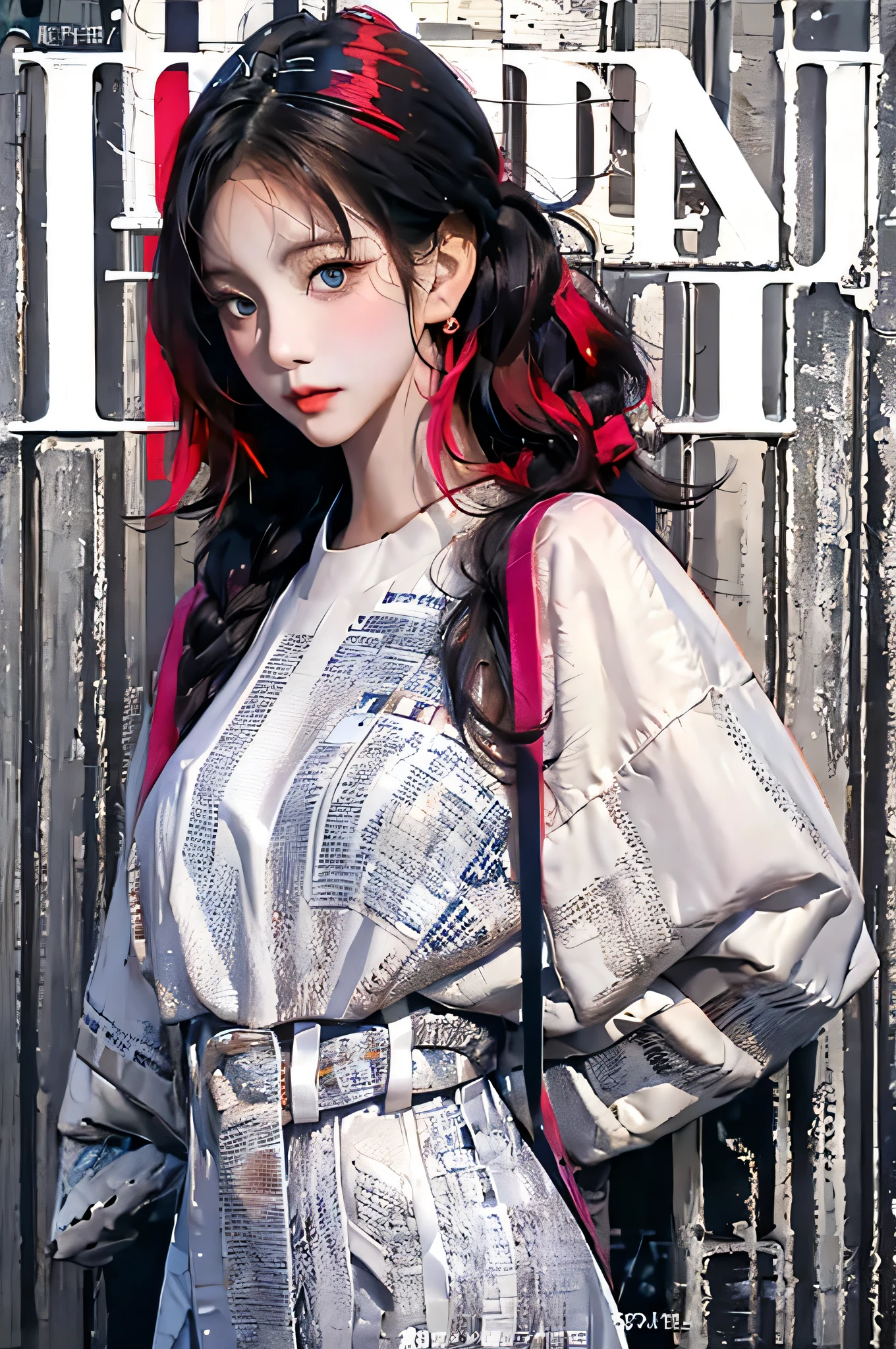 masterpiece, best quality, spring outfit, colorful hair, outdoor, magazine cover ,upper body,