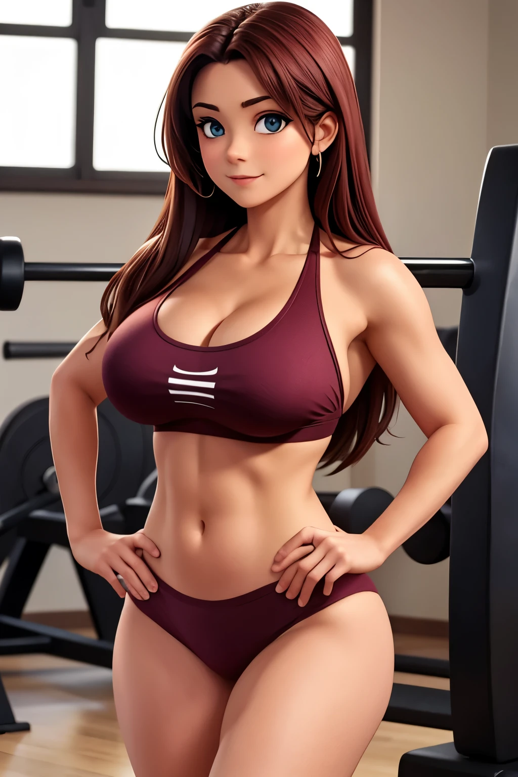 A sexy girl, she has the biggest breasts in the world, she is at the gym, wearing a small burgundy bikini, and a burgundy Nike shirt
