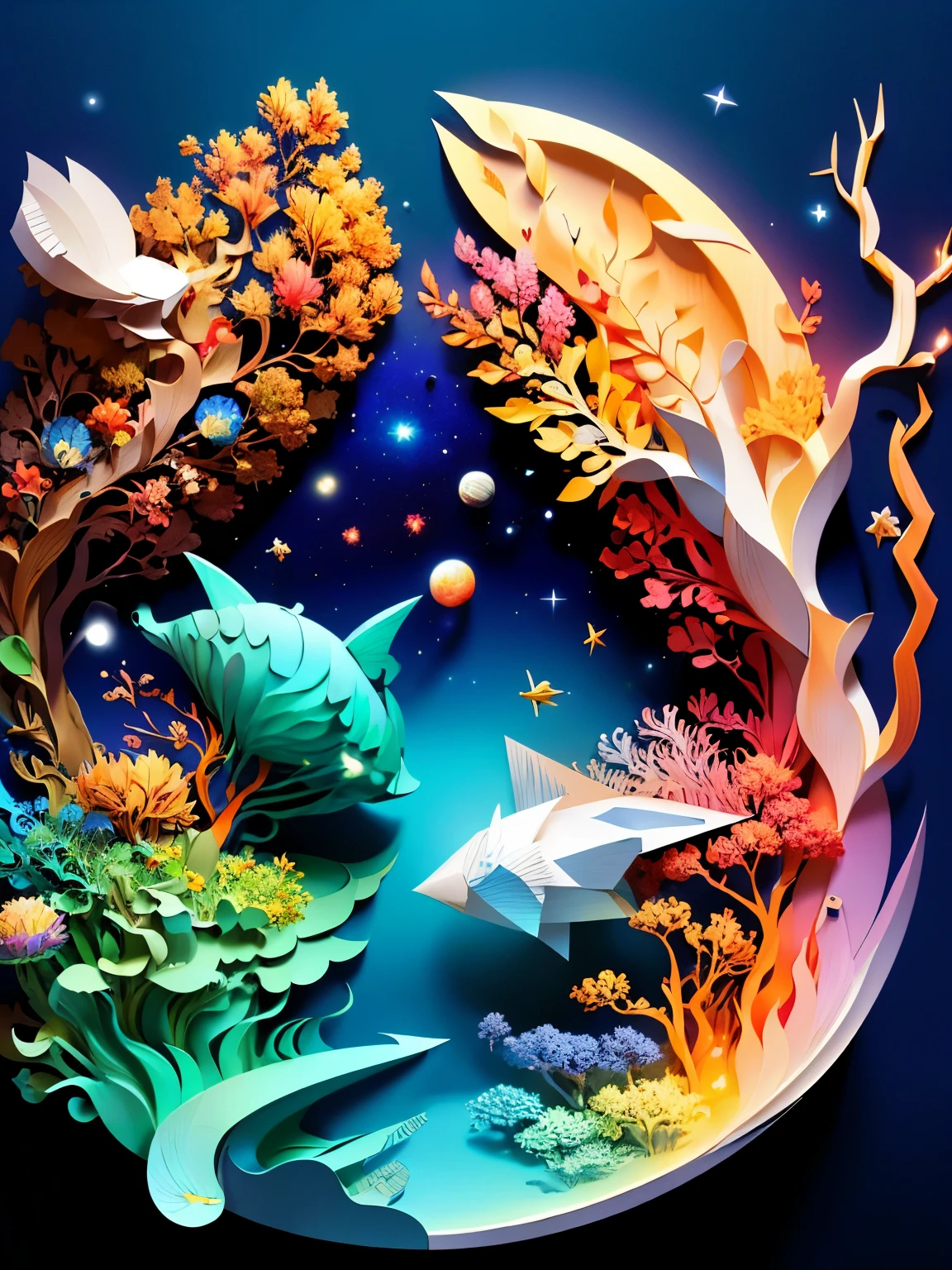 (((masterpiece))),best quality, illustration, earth, water ,fire, wind , space , paper_cut,