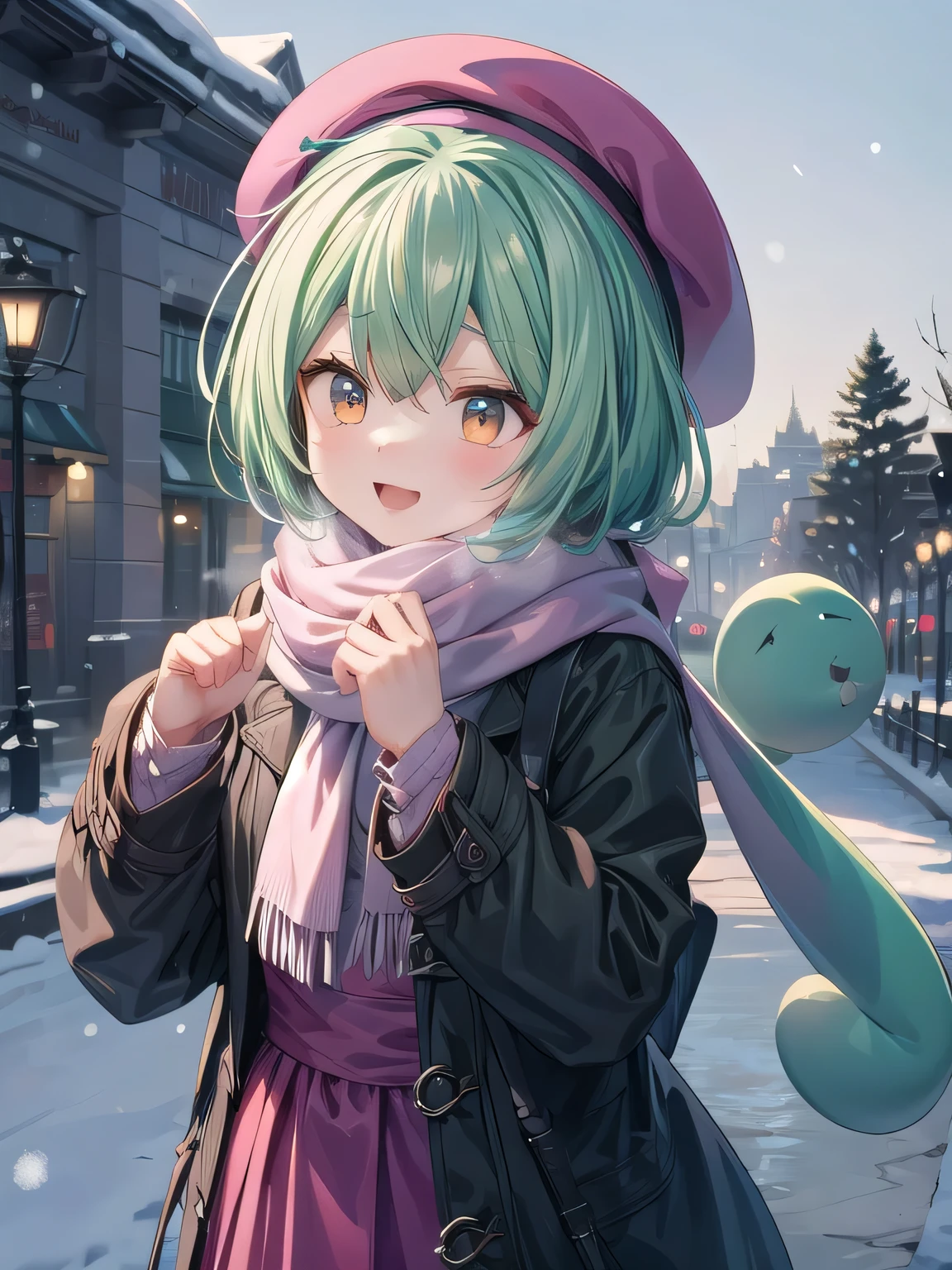 dark green hair,eyes are yellow, Happy,pea coat,beret,fluffy scarf,maxi skirt ,outdoors, winter,snow, highest quality, High resolution, very detailed, detailed background, perfect lighting