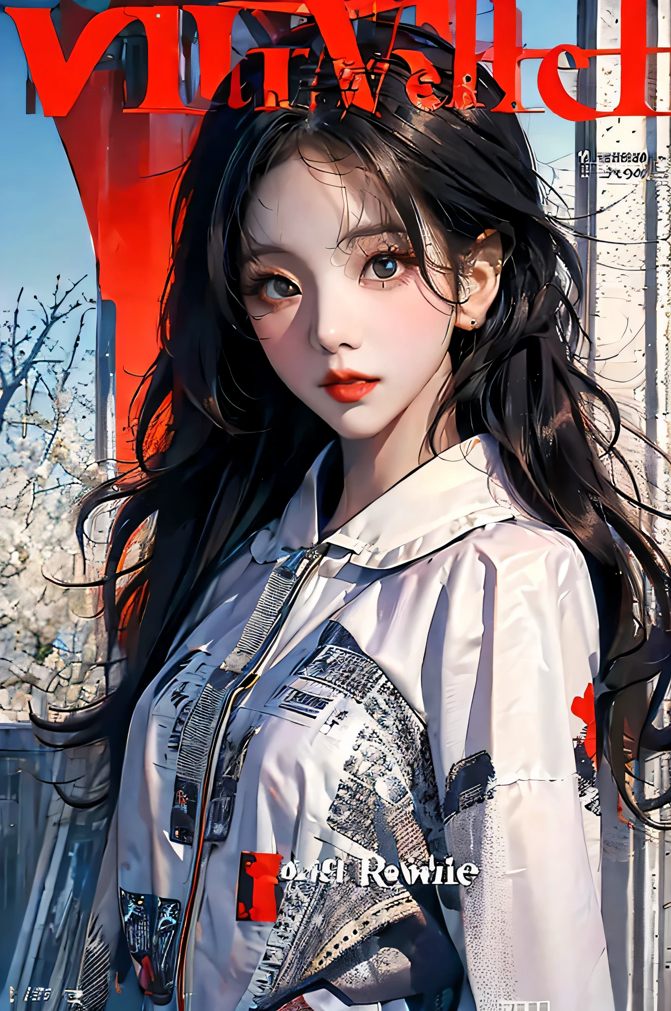 masterpiece, best quality, spring outfit, colorful hair, outdoor, magazine cover ,upper body, long black hair