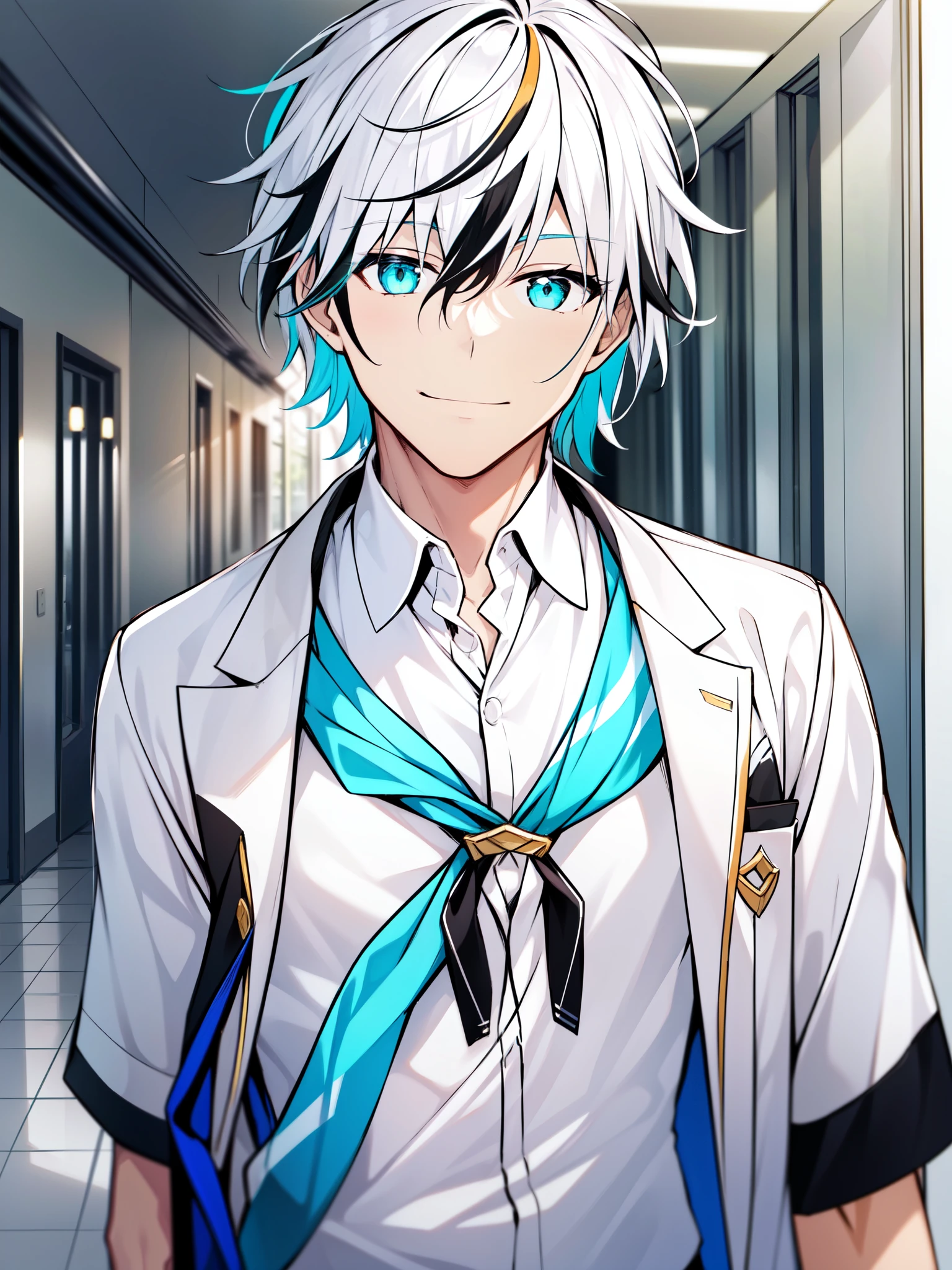 ((white hair)), ((multicolored hair)), ((complementary color)), ((toned build)), ((school)), ((hallway)), ((cheerful expression)), ((handsome)), ((light skin)),1boy, beautifully drawn, high resolution illustration, best quality, High definition, ((detailed anime sketch)), Masterpiece, (solo), absurdres, ((wild hairstyle)), detailed background, fine detail, male focus, HDR, ((short hair)),((close-up)), upper body, detailed, portrait
