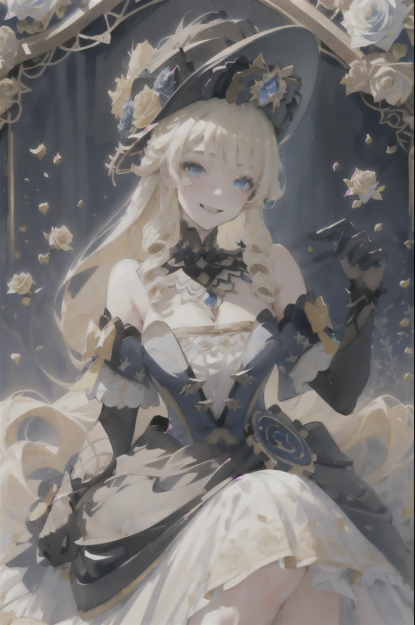 1young woman solo, blond hair, blue eyes, black hat, blond curls, bare shoulders, dark blue and white corset top, black gloves with lace and yellow bows, happy smile, (((surrounded by many roses))) hatwatercolor, beautiful young lady, watercolor art, hires, detailed,