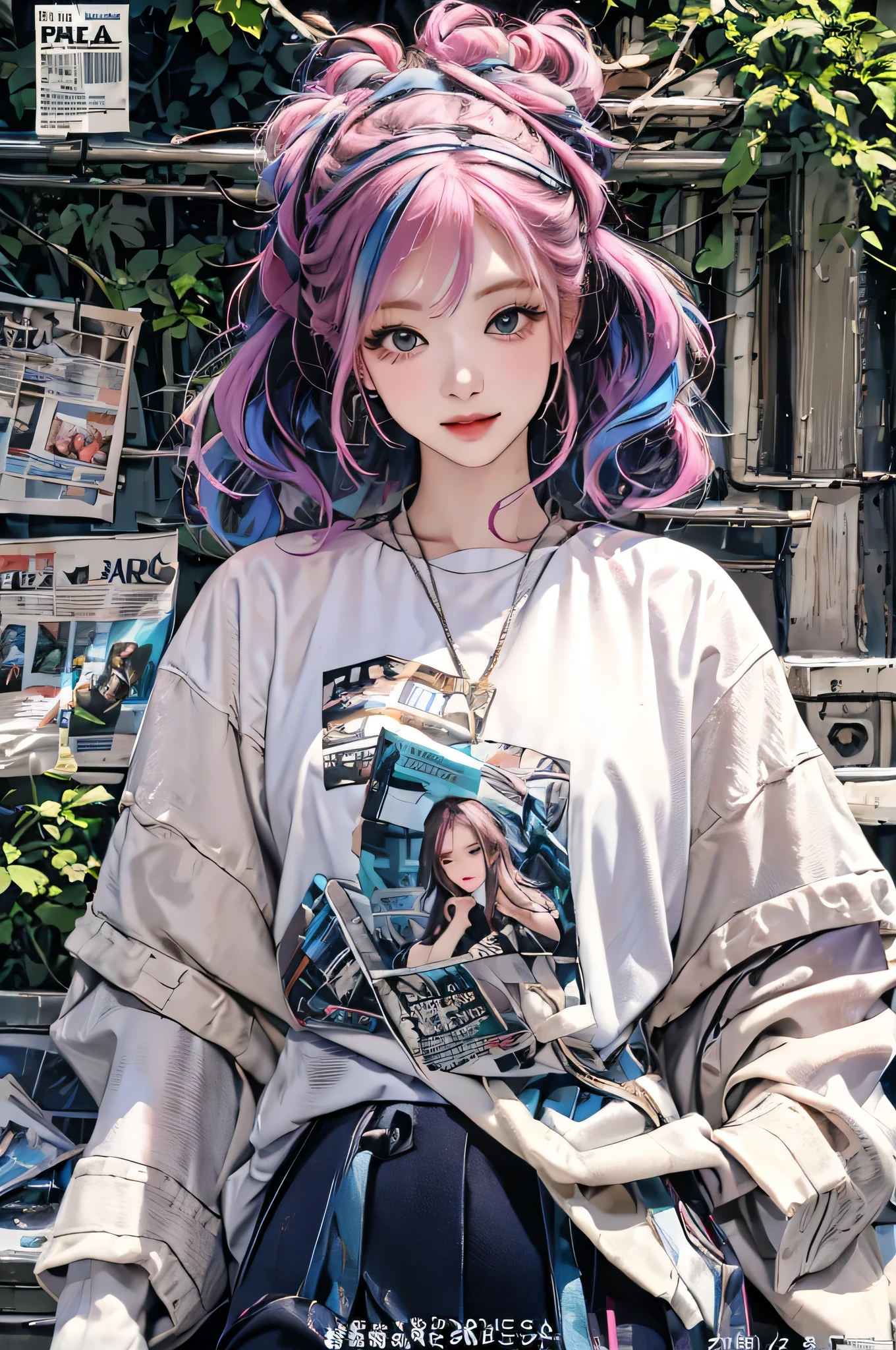 masterpiece, best quality, spring outfit, colorful hair, outdoor, magazine cover ,upper body,