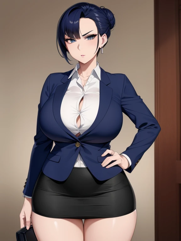 best quality, glossy, 4k, ((artwork)), extremely detailed, 8k, japonese mature woman, dark blue hair tied in a bun, blazer, button-down shirt, black tight skirt, big breasts, slim body, expressionless face, serious eyes, earrings, one hand one the hips