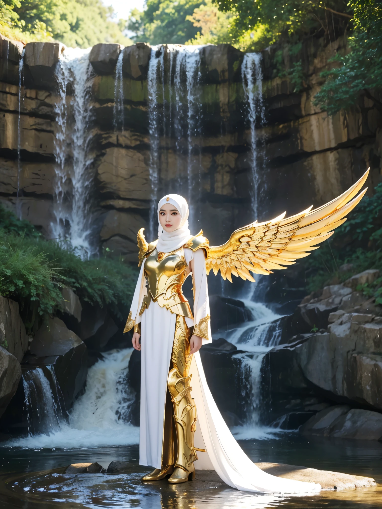 HD Portrait, 8K, chinese cute  girls dressed in white and gold with wings and a sword, (wearing hijab:1.2), (full iron golden armor:1.2), ornate cosplay, as a mystical valkyrie, the sailor galaxia, beautiful, white and gold priestess robes, anime cosplay, glamourous cosplay, with fiery golden wings, cosplay, professional cosplay, goddess of light, zenra taliyah, full body angel, cosplayer, perfect makeup, perfect face, beautiful face, beautiful body,waterfall background, smog, sunny weather, lighting, The atmosphere looks real, Full body shot exposed, ((Front angle shot:1.0)), cinematic, ultra realistic, Professional, 