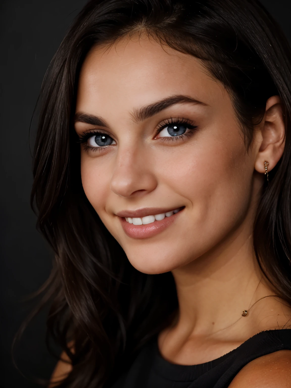 a closeup dark upper body shot photo of a brunette with perfect eyes, smile, dark background
