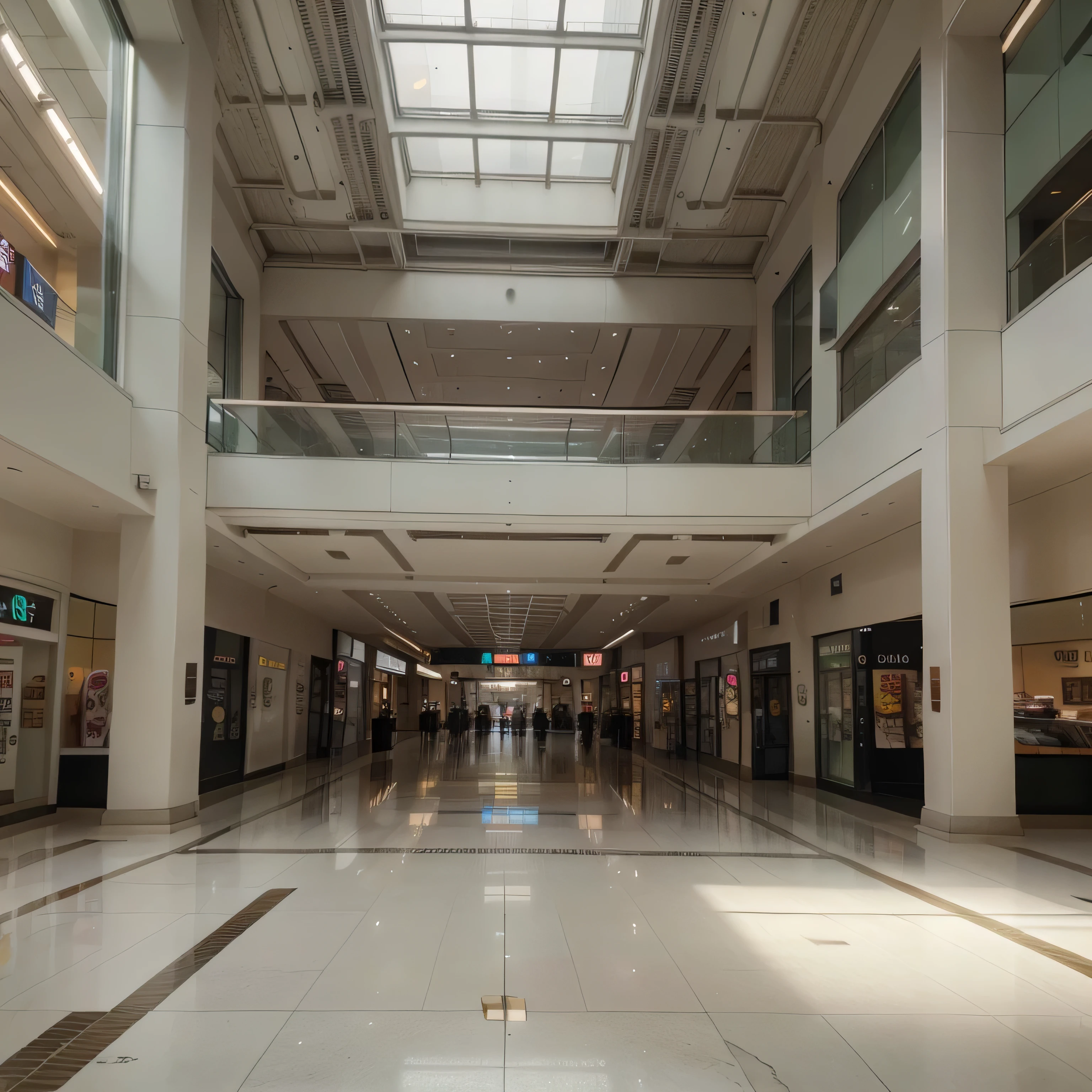 (melhor qualidade, ultra detalhado: 1.1), Interior vazio do shopping, (Macio, cool lighting: 0.8), spacious, Arquitetura moderna, tetos altos, Corredores longos, grandes janelas permitindo luz natural, Ecos de atividades anteriores, carrinhos de compras abandonados, Vitrines vazias, polished marble floors, rustle of leaves outside, Quietude e quietude, (texturas detalhadas: 1.3), Escadas rolantes vagas, desolate food court, silent music system, cores suaves, Tiros amplos, Wide sight, (efeito granulado: 0.6), Cinematic, atmospheric, (isometric perspective: 1), Mel