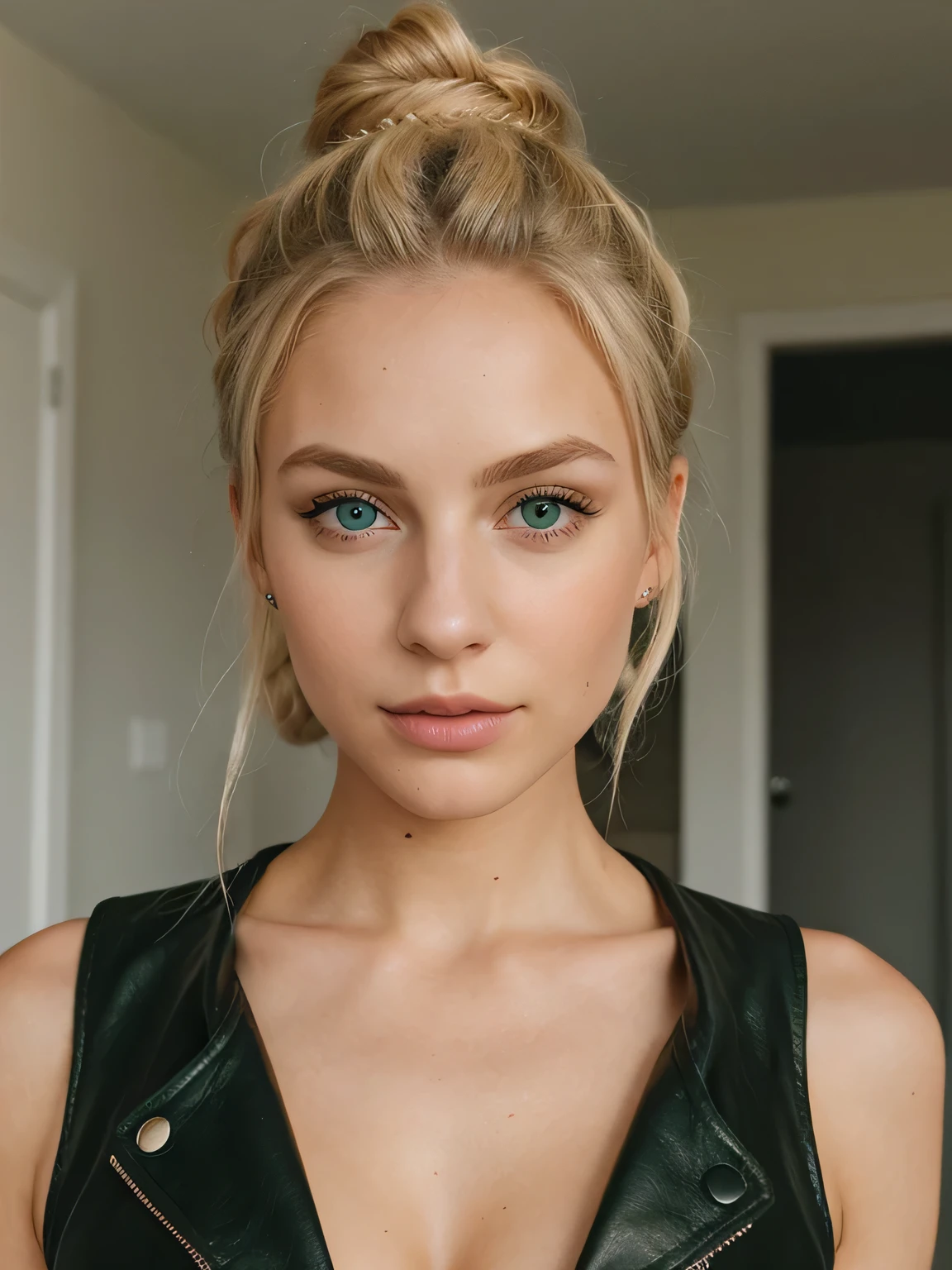Beautiful skinny girl, elongated face and thin chin, freckles, blonde hair, blue eyes, red lipstick, beautiful makeup, white skin, tattoo written on the forearm,Long Dress , messy Hairbun