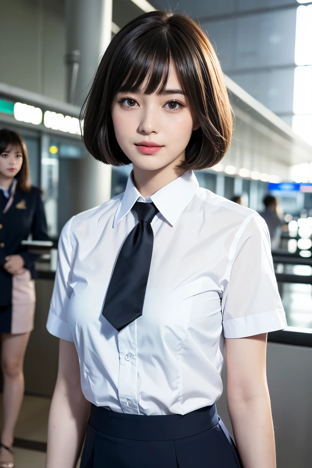 highest quality, masterpiece, 8k, ultra high resolution, (realistic: 1.4), 1 girl, beautiful face, symmetrical eyes, big, perfect body proportions, ((Bangs Patsun、short bob))、stewardess uniform, the gaze of the beholder, (Inside the airport: 1.2), Front view, Absolute area (1.3),friendly smile