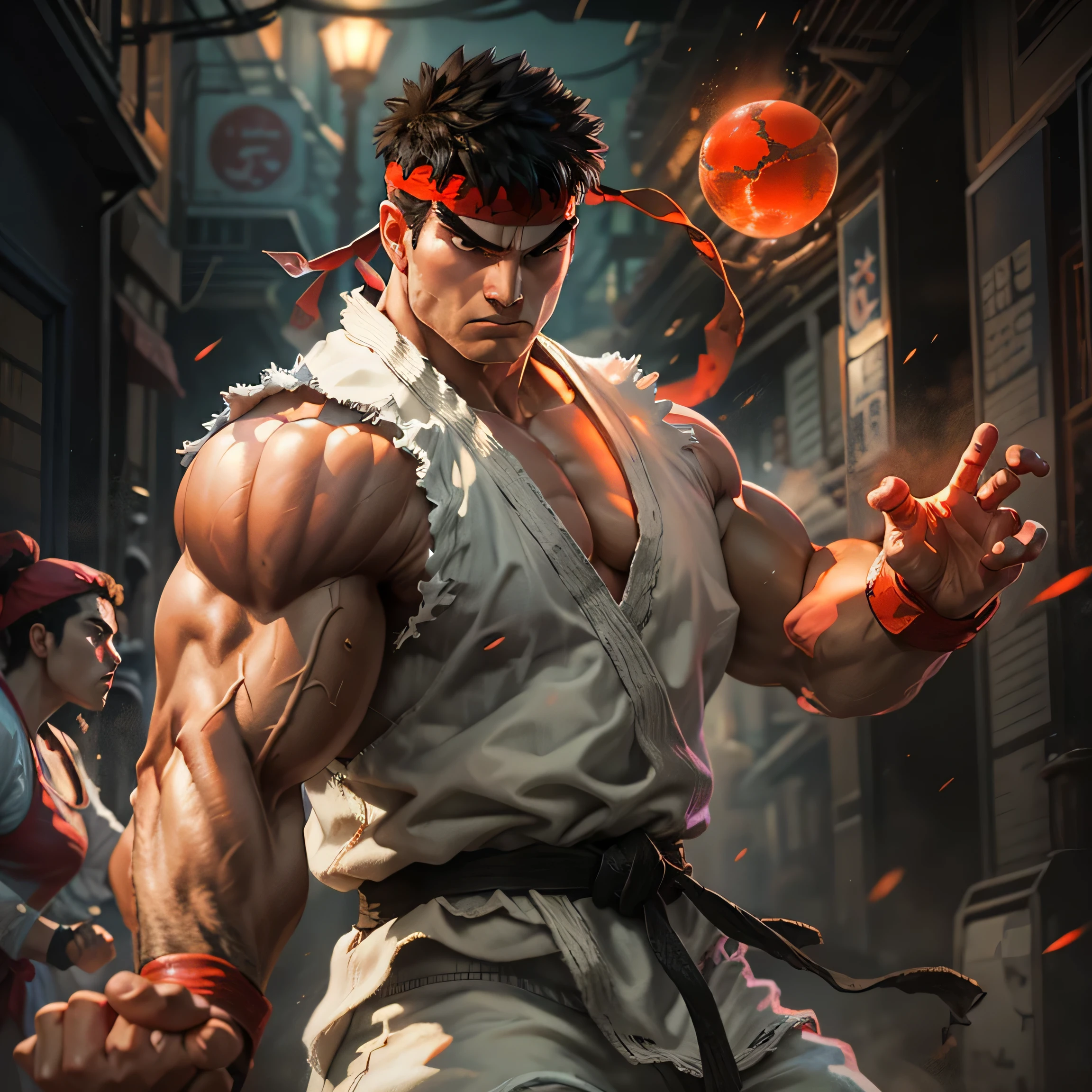 Film Noir Still of Ryu from Street Fighter 2: The World Warrior, clad in his iconic sleeveless white karate Gi and red headband, one arm extended forward with a glowing orb of energy hovers in his palm, radiating intense brilliance against the dimly lit backdrop. His other arm is tensed, pulled back as if readying the most potent of martial arts attacks. The crowd of onlookers, a mix of awe-stricken bystanders and fearful adversaries, huddle in the recesses of the dimly lit alleyway, their expressions etched in stark contrast to the rich color palette of Ryu's enig